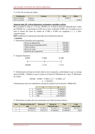 NIIF DESDE UN PUNTO DE VISTA PRÁCTICO 117
José Javier Jiménez Cano jjyjcs@hotmail.com
31.12.X8. Por el cobro del crédito.
Clasificación Cuentas Debe Haber
Activo corriente Bancos 20.000
Activo corriente Clientes 20.000
Supuesto núm. 69: Activos financieros: préstamos y partidas a cobrar.
►La sociedad X vende el 1.7.X1 por 100.000 u.m. su flota de camiones adquirida hace 3 años
por 200.000 u.m. y amortizada en el 60% de su valor, recibiendo 30.000 u.m. al contado y por el
resto le firman dos letras de cambio de 37.000 y 41.000 u.m. pagaderas a 1 y 2 años,
respectivamente.
►►Contabilizar las operaciones derivadas de la información anterior.
☺Solución:
1°. Determinar el beneficio de la operación.
Precio de adquisición 200.000
Depreciación acumulada (60%) 120.000
Valor en libros 80.000
Precio de venta 100.000
Beneficio de la operación 20.000
2°. Esquema financiero.
30.000 37.000 41.000
100.000 1.7.X2 1.7.X3
3°. Determinación del tipo de interés efectivo de la operación, confrontando lo que se entrega
ahora (100.000 – 30.000) y lo que se recibe en el futuro (37.000 dentro de 1 año y 41.000 dentro
de 2 años).
100.000 – 30.000 = 37.000 (1+ie)-1
+ 41.000(1+ie)-2
Ie = 7,395307%
Utilizando para ello en la celda B4 de una hoja de cálculo Excel la función +TIR(B1:B3)
A B
1 PAGO -70.000,00
2 COBRO 37.000,00
3 COBRO 41.000,00
4 TIR 0,07395307
4°. Determinar el cuadro del costo amortizado con el tipo de interés efectivo.
Años Deuda al inicio del
año
Intereses Deuda al
final del año
Pago Costo
amortizado
1 70.000,00 5.176,71 75.176,71 37.000,00 38.176,71
2 38.176,71 2.823,29 41.000,00 41.000,00 0,00
 