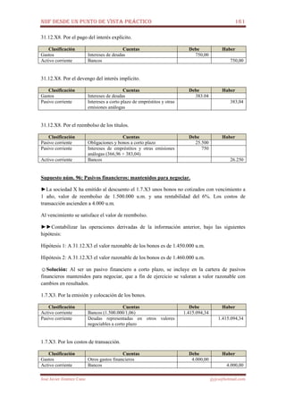 NIIF DESDE UN PUNTO DE VISTA PRÁCTICO 161
José Javier Jiménez Cano jjyjcs@hotmail.com
31.12.X8. Por el pago del interés explícito.
Clasificación Cuentas Debe Haber
Gastos Intereses de deudas 750,00
Activo corriente Bancos 750,00
31.12.X8. Por el devengo del interés implícito.
Clasificación Cuentas Debe Haber
Gastos Intereses de deudas 383.04
Pasivo corriente Intereses a corto plazo de empréstitos y otras
emisiones análogas
383,04
31.12.X8. Por el reembolso de los títulos.
Clasificación Cuentas Debe Haber
Pasivo corriente Obligaciones y bonos a corto plazo 25.500
Pasivo corriente Intereses de empréstitos y otras emisiones
análogas (366,96 + 383,04)
750
Activo corriente Bancos 26.250
Supuesto núm. 96: Pasivos financieros: mantenidos para negociar.
►La sociedad X ha emitido al descuento el 1.7.X3 unos bonos no cotizados con vencimiento a
1 año, valor de reembolso de 1.500.000 u.m. y una rentabilidad del 6%. Los costos de
transacción ascienden a 4.000 u.m.
Al vencimiento se satisface el valor de reembolso.
►►Contabilizar las operaciones derivadas de la información anterior, bajo las siguientes
hipótesis:
Hipótesis 1: A 31.12.X3 el valor razonable de los bonos es de 1.450.000 u.m.
Hipótesis 2: A 31.12.X3 el valor razonable de los bonos es de 1.460.000 u.m.
☺Solución: Al ser un pasivo financiero a corto plazo, se incluye en la cartera de pasivos
financieros mantenidos para negociar, que a fin de ejercicio se valoran a valor razonable con
cambios en resultados.
1.7.X3. Por la emisión y colocación de los bonos.
Clasificación Cuentas Debe Haber
Activo corriente Bancos (1.500.000/1,06) 1.415.094,34
Pasivo corriente Deudas representadas en otros valores
negociables a corto plazo
1.415.094,34
1.7.X3. Por los costos de transacción.
Clasificación Cuentas Debe Haber
Gastos Otros gastos financieros 4.000,00
Activo corriente Bancos 4.000,00
 