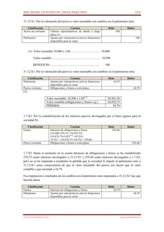 NIIF DESDE UN PUNTO DE VISTA PRÁCTICO 164
José Javier Jiménez Cano jjyjcs@hotmail.com
31.12.X1. Por la valoración del activo a valor razonable con cambios en el patrimonio neto.
Clasificación Cuentas Debe Haber
Activo no corriente Valores representativos de deuda a largo
plazo (1)
100
Patrimonio Ajustes por valoración en activos financieros
disponibles para la venta
100
(1) Valor razonable 10.000 x 1,06……………………….. 10.600
Valor contable………………………………………… 10.500
BENEFICIO………………………………………….. 100
31.12.X1. Por la valoración del pasivo a valor razonable con cambios en el patrimonio neto.
Clasificación Cuentas Debe Haber
Patrimonio Ajustes por valoración en activos financieros
disponibles para la venta
24,79
Pasivo corriente Obligaciones y bonos a corto plazo 24,79
(1)
Valor razonable: 10.200 x 1,966/12
10.501,54
Valor contable (obligaciones y bonos c.p.) 10.476,75
PÉRDIDA 24,79
1.7.X2. Por la contabilización de los intereses pasivos devengados por el bono (gastos para la
sociedad X).
Clasificación Cuentas Debe Haber
Gastos Intereses de obligaciones y bonos
(10.200+276,76 =10.476,75)
(10.476,75x1,0556/12
=10.761)
10.761 – (10.476,75+24,79) = 259,46
259,46
Pasivo corriente Obligaciones y bonos a corto plazo 259,46
1.7.X2. Hasta el momento en la cuenta Intereses de obligaciones y bonos se ha contabilizado
276,75 como intereses devengados a 31.12.X1 y 259,46 como intereses devengados a 1.7.X2,
pero no se ha imputado a resultados la pérdida que la sociedad X imputó al patrimonio neto a
31.12.X1 como consecuencia de que el valor razonable del pasivo era mayor que el valor
contable y que asciende a 24,79.
Esa imputación a resultados de los cambios en el patrimonio neto imputados a 31.12.X1 hay que
hacerla ahora.
Clasificación Cuentas Debe Haber
Gastos Intereses de obligaciones y bonos 24,79
Patrimonio Ajustes por valoración en activos financieros
disponibles para la venta
24,79
 
