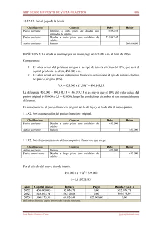 NIIF DESDE UN PUNTO DE VISTA PRÁCTICO 168
José Javier Jiménez Cano jjyjcs@hotmail.com
31.12.X3. Por el pago de la deuda.
Clasificación Cuentas Debe Haber
Pasivo corriente Intereses a corto plazo de deudas con
entidades de crédito
8.952,58
Pasivo corriente Deudas a corto plazo con entidades de
crédito
251.047,42
Activo corriente Bancos 260.000,00
HIPÓTESIS 2: La deuda se sustituye por un único pago de 625.000 u.m. al final de 20X4.
Comparamos:
1. El valor actual del préstamo antiguo a su tipo de interés efectivo del 8%, que será el
capital pendiente, es decir, 450.000 u.m.
2. El valor actual del nuevo instrumento financiero actualizado al tipo de interés efectivo
del pasivo original (8%).
VA = 625.000 x (1,08)-3
= 496.145,15
La diferencia 450.000 – 496.145,15 = -46.145,15 si es mayor que el 10% del valor actual del
pasivo original (450.000 x 0,1 = 45.000), luego las condiciones de ambos sí son sustancialmente
diferentes.
En consecuencia, el pasivo financiero original se da de baja y se da de alta el nuevo pasivo.
1.1.X2. Por la cancelación del pasivo financiero original.
Clasificación Cuentas Debe Haber
Pasivo corriente Deudas a corto plazo con entidades de
crédito
450.000
Activo corriente Bancos 450.000
1.1.X2. Por el reconocimiento del nuevo pasivo financiero que surge.
Clasificación Cuentas Debe Haber
Activo corriente Bancos 450.000
Pasivo no corriente Deudas a largo plazo con entidades de
crédito
450.000
Por el cálculo del nuevo tipo de interés:
450.000 x (1+i)3
= 625.000
i= 0,115721583
Años Capital inicial Interés Pagos Deuda viva (1)
20X2 450.000,00 52.074,71 0,00 502.074,71
20X3 502.074,71 58.100,88 0,00 560.175,59
20X4 560.175,59 64.824,41 625.000,00 0,00
(1)También llamada capital amortizado o deuda pendiente.
 