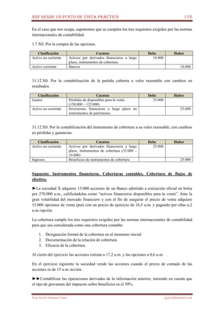 NIIF DESDE UN PUNTO DE VISTA PRÁCTICO 178
José Javier Jiménez Cano jjyjcs@hotmail.com
En el caso que nos ocupa, suponemos que se cumplen los tres requisitos exigidos por las normas
internacionales de contabilidad.
1.7.X0. Por la compra de las opciones.
Clasificación Cuentas Debe Haber
Activo no corriente Activos por derivados financieros a largo
plazo, instrumentos de cobertura.
10.000
Activo corriente Bancos 10.000
31.12.X0. Por la contabilización de la partida cubierta a valor razonable con cambios en
resultados.
Clasificación Cuentas Debe Haber
Gastos Pérdidas de disponibles para la venta
(150.000 – 125.000)
25.000
Activo no corriente Inversiones financieras a largo plazo en
instrumentos de patrimonio.
25.000
31.12.X0. Por la contabilización del instrumento de cobertura a su valor razonable, con cambios
en pérdidas y ganancias.
Clasificación Cuentas Debe Haber
Activo no corriente Activos por derivados financieros a largo
plazo, instrumentos de cobertura (35.000 –
10.000)
25.000
Ingresos Beneficios de instrumentos de cobertura 25.000
Supuesto: Instrumentos financieros. Coberturas contables. Cobertura de flujos de
efectivo.
►La sociedad X adquiere 15.000 acciones de un Banco admitido a cotización oficial en bolsa
por 270.000 u.m., calificándolas como “activos financieros disponibles para la venta”. Ante la
gran volatilidad del mercado financiero y con el fin de asegurar el precio de venta adquiere
15.000 opciones de venta (put) con un precio de ejercicio de 16,5 u.m. y pagando por ellas o,2
u.m./opción.
La cobertura cumple los tres requisitos exigidos por las normas internacionales de contabilidad
para que sea considerada como una cobertura contable:
1. Designación formal de la cobertura en el momento inicial.
2. Documentación de la relación de cobertura.
3. Eficacia de la cobertura.
Al cierre del ejercicio las acciones cotizan a 17,2 u.m. y las opciones a 0,6 u.m.
En el ejercicio siguiente la sociedad vende las acciones cuando el precio de contado de las
acciones es de 15 u.m./acción.
►►Contabilizar las operaciones derivadas de la información anterior, teniendo en cuenta que
el tipo de gravamen del impuesto sobre beneficios es el 30%.
 