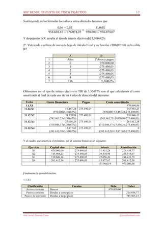 NIIF DESDE UN PUNTO DE VISTA PRÁCTICO 17
José Javier Jiménez Cano jjyjcs@hotmail.com
Sustituyendo en las fórmulas los valores antes obtenidos tenemos que
0,06 − 0,05
954.602,10 − 976.874,07
=	
ܺି0,05
970.000 − 976.874,07
Y despejando la X, resulta el tipo de interés efectivo del 5,308642%
2°. Volviendo a utilizar de nuevo la hoja de cálculo Excel y su función ±TIR(B2:B6) en la celda
B7
A B
1 Años Cobros y pagos
2 0 970.000,00
3 1 -275.490,05
4 2 -275.490,05
5 3 -275.490,05
6 4 -275.490,05
7 TIR 5,30467%
Obtenemos así el tipo de interés efectivo o TIR de 5,30467% con el que calculamos el costo
amortizado al final de cada uno de los 4 años de duración del préstamo:
Fecha Gasto financiero Pagos Coste amortizado
1.1.X1 970.000,00
31.12.X1 51.455,28
(970.000x5,30467%)
275.490,05 745.965,23
(970.000+51.455,28-275.490,05)
31.12.X2 39.570,98
(745.965,23x5,30467%)
275.490,05 510.046,17
(745.965,23+39570,98-275.490,05)
31.12.X3 27.056,26
(510.046,17x5,30467%)
275.490,05 261.612,38
(510.046,17+27.056,26-275.490,05)
31.12.X4 13.877,67
(261.612,38x5,30467%)
275.490,05 0
(261.612,38+13.877,67-275.490,05)
Y el cuadro que amortiza el préstamo, por el sistema francés es el siguiente:
Ejercicio Capital vivo Anualidad interés Amortización
X1 970.000,00 275.490,05 51.455,28 224.034,77
X2 745.965,23 275.490,05 39.570,98 235.919,07
X3 510.046,16 275.490.05 27.056,26 248.433,79
X4 261.612,36 275.490,05 13.877,67 261.612,38
131.960,19 970.000,00
Finalmente la contabilización:
1.1.X1
Clasificación Cuentas Debe Haber
Activo corriente Bancos 970.000,00
Pasivo corriente Deudas a corto plazo 224.034,77
Pasivo no corriente Deudas a largo plazo 745.965,23
 