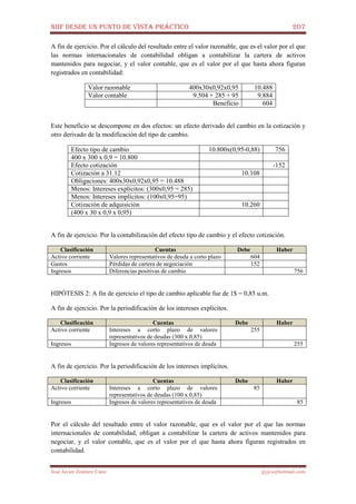 NIIF DESDE UN PUNTO DE VISTA PRÁCTICO 207
José Javier Jiménez Cano jjyjcs@hotmail.com
A fin de ejercicio. Por el cálculo del resultado entre el valor razonable, que es el valor por el que
las normas internacionales de contabilidad obligan a contabilizar la cartera de activos
mantenidos para negociar, y el valor contable, que es el valor por el que hasta ahora figuran
registrados en contabilidad:
Valor razonable 400x30x0,92x0,95 10.488
Valor contable 9.504 + 285 + 95 9.884
Beneficio 604
Este beneficio se descompone en dos efectos: un efecto derivado del cambio en la cotización y
otro derivado de la modificación del tipo de cambio.
Efecto tipo de cambio 10.800x(0,95-0,88) 756
400 x 300 x 0,9 = 10.800
Efecto cotización -152
Cotización a 31.12 10.108
Obligaciones: 400x30x0,92x0,95 = 10.488
Menos: Intereses explícitos: (300x0,95 = 285)
Menos: Intereses implícitos: (100x0,95=95)
Cotización de adquisición 10.260
(400 x 30 x 0,9 x 0,95)
A fin de ejercicio. Por la contabilización del efecto tipo de cambio y el efecto cotización.
Clasificación Cuentas Debe Haber
Activo corriente Valores representativos de deuda a corto plazo 604
Gastos Pérdidas de cartera de negociación 152
Ingresos Diferencias positivas de cambio 756
HIPÓTESIS 2: A fin de ejercicio el tipo de cambio aplicable fue de 1$ = 0,85 u.m.
A fin de ejercicio. Por la periodificación de los intereses explícitos.
Clasificación Cuentas Debe Haber
Activo corriente Intereses a corto plazo de valores
representativos de deudas (300 x 0,85)
255
Ingresos Ingresos de valores representativos de deuda 255
A fin de ejercicio. Por la periodificación de los intereses implícitos.
Clasificación Cuentas Debe Haber
Activo corriente Intereses a corto plazo de valores
representativos de deudas (100 x 0,85)
85
Ingresos Ingresos de valores representativos de deuda 85
Por el cálculo del resultado entre el valor razonable, que es el valor por el que las normas
internacionales de contabilidad, obligan a contabilizar la cartera de activos mantenidos para
negociar, y el valor contable, que es el valor por el que hasta ahora figuran registrados en
contabilidad.
 