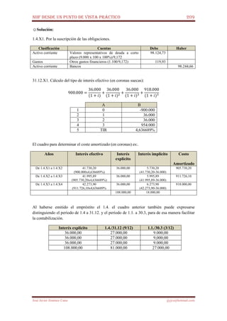 NIIF DESDE UN PUNTO DE VISTA PRÁCTICO 209
José Javier Jiménez Cano jjyjcs@hotmail.com
☺Solución:
1.4.X1. Por la suscripción de las obligaciones.
Clasificación Cuentas Debe Haber
Activo corriente Valores representativos de deuda a corto
plazo (9.000 x 100 x 100%)/9,172
98.124,73
Gastos Otros gastos financieros (1.100/9,172) 119,93
Activo corriente Bancos 98.244,66
31.12.X1. Cálculo del tipo de interés efectivo (en coronas suecas):
900.000 =
36.000
(1 + ݅)
+
36.000
(1 + ݅)ଶ
+
36.000
(1 + ݅)ଷ
+
918.000
(1 + ݅)ଷ
A B
1 0 -900.000
2 1 36.000
3 2 36.000
4 3 954.000
5 TIR 4,636689%
El cuadro para determinar el coste amortizado (en coronas) es:.
Años Interés efectivo Interés
explícito
Interés implícito Costo
Amortizado
De 1.4.X1 a 1.4.X2 41.730,20
(900.000x4,636689%)
36.000,00 5.730,20
(41.730,20-36.000)
905.730,20
De 1.4.X2 a 1.4.X3 41.995,89
(905.730,20x4,636689%)
36.000,00 5.995,89
(41.995,89-36.000)
911.726,10
De 1.4.X3 a 1.4.X4 42.273,90
(911.726,10x4,636689%
36.000,00 6.273,90
(42.273,90-36.000)
918.000,00
108.000,00 18.000,00
Al haberse emitido el empréstito el 1.4. el cuadro anterior también puede expresarse
distinguiendo el período de 1.4 a 31.12. y el período de 1.1. a 30.3, para de esa manera facilitar
la contabilización.
Interés explícito 1.4./31.12 (9/12) 1.1./30.3 (3/12)
36.000,00 27.000,00 9.000,00
36.000,00 27.000,00 9,000,00
36.000,00 27.000,00 9.000,00
108.000,00 81.000,00 27.000,00
 