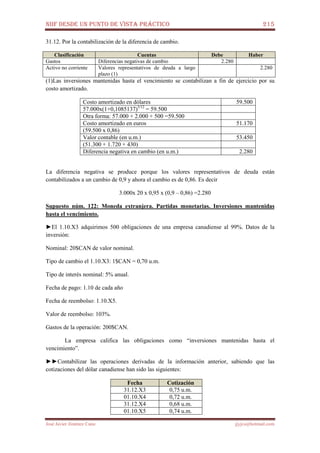 NIIF DESDE UN PUNTO DE VISTA PRÁCTICO 215
José Javier Jiménez Cano jjyjcs@hotmail.com
31.12. Por la contabilización de la diferencia de cambio.
Clasificación Cuentas Debe Haber
Gastos Diferencias negativas de cambio 2.280
Activo no corriente Valores representativos de deuda a largo
plazo (1)
2.280
(1)Las inversiones mantenidas hasta el vencimiento se contabilizan a fin de ejercicio por su
costo amortizado.
Costo amortizado en dólares 59.500
57.000x(1+0,1085137)5/12
= 59.500
Otra forma: 57.000 + 2.000 + 500 =59.500
Costo amortizado en euros 51.170
(59.500 x 0,86)
Valor contable (en u.m.) 53.450
(51.300 + 1.720 + 430)
Diferencia negativa en cambio (en u.m.) 2.280
La diferencia negativa se produce porque los valores representativos de deuda están
contabilizados a un cambio de 0,9 y ahora el cambio es de 0,86. Es decir
3.000x 20 x 0,95 x (0,9 – 0,86) =2.280
Supuesto núm. 122: Moneda extranjera. Partidas monetarias. Inversiones mantenidas
hasta el vencimiento.
►El 1.10.X3 adquirimos 500 obligaciones de una empresa canadiense al 99%. Datos de la
inversión:
Nominal: 20$CAN de valor nominal.
Tipo de cambio el 1.10.X3: 1$CAN = 0,70 u.m.
Tipo de interés nominal: 5% anual.
Fecha de pago: 1.10 de cada año
Fecha de reembolso: 1.10.X5.
Valor de reembolso: 103%.
Gastos de la operación: 200$CAN.
La empresa califica las obligaciones como “inversiones mantenidas hasta el
vencimiento”.
►►Contabilizar las operaciones derivadas de la información anterior, sabiendo que las
cotizaciones del dólar canadiense han sido las siguientes:
Fecha Cotización
31.12.X3 0,75 u.m.
01.10.X4 0,72 u.m.
31.12.X4 0,68 u.m.
01.10.X5 0,74 u.m.
 