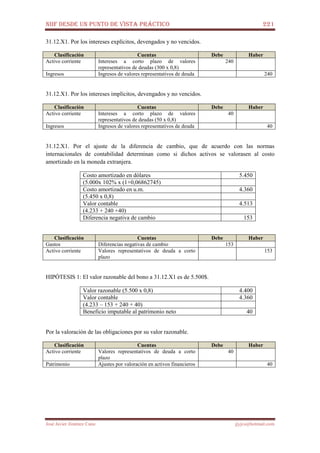 NIIF DESDE UN PUNTO DE VISTA PRÁCTICO 221
José Javier Jiménez Cano jjyjcs@hotmail.com
31.12.X1. Por los intereses explícitos, devengados y no vencidos.
Clasificación Cuentas Debe Haber
Activo corriente Intereses a corto plazo de valores
representativos de deudas (300 x 0,8)
240
Ingresos Ingresos de valores representativos de deuda 240
31.12.X1. Por los intereses implícitos, devengados y no vencidos.
Clasificación Cuentas Debe Haber
Activo corriente Intereses a corto plazo de valores
representativos de deudas (50 x 0,8)
40
Ingresos Ingresos de valores representativos de deuda 40
31.12.X1. Por el ajuste de la diferencia de cambio, que de acuerdo con las normas
internacionales de contabilidad determinan como si dichos activos se valorasen al costo
amortizado en la moneda extranjera.
Costo amortizado en dólares 5.450
(5.000x 102% x (1+0,06862745)
Costo amortizado en u.m. 4.360
(5.450 x 0,8)
Valor contable 4.513
(4.233 + 240 +40)
Diferencia negativa de cambio 153
Clasificación Cuentas Debe Haber
Gastos Diferencias negativas de cambio 153
Activo corriente Valores representativos de deuda a corto
plazo
153
HIPÓTESIS 1: El valor razonable del bono a 31.12.X1 es de 5.500$.
Valor razonable (5.500 x 0,8) 4.400
Valor contable 4.360
(4.233 – 153 + 240 + 40)
Beneficio imputable al patrimonio neto 40
Por la valoración de las obligaciones por su valor razonable.
Clasificación Cuentas Debe Haber
Activo corriente Valores representativos de deuda a corto
plazo
40
Patrimonio Ajustes por valoración en activos financieros 40
 
