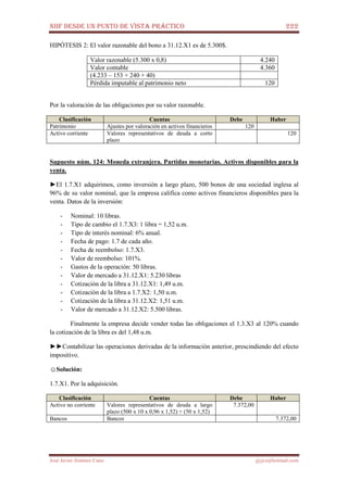 NIIF DESDE UN PUNTO DE VISTA PRÁCTICO 222
José Javier Jiménez Cano jjyjcs@hotmail.com
HIPÓTESIS 2: El valor razonable del bono a 31.12.X1 es de 5.300$.
Valor razonable (5.300 x 0,8) 4.240
Valor contable 4.360
(4.233 – 153 + 240 + 40)
Pérdida imputable al patrimonio neto 120
Por la valoración de las obligaciones por su valor razonable.
Clasificación Cuentas Debe Haber
Patrimonio Ajustes por valoración en activos financieros 120
Activo corriente Valores representativos de deuda a corto
plazo
120
Supuesto núm. 124: Moneda extranjera. Partidas monetarias. Activos disponibles para la
venta.
►El 1.7.X1 adquirimos, como inversión a largo plazo, 500 bonos de una sociedad inglesa al
96% de su valor nominal, que la empresa califica como activos financieros disponibles para la
venta. Datos de la inversión:
- Nominal: 10 libras.
- Tipo de cambio el 1.7.X3: 1 libra = 1,52 u.m.
- Tipo de interés nominal: 6% anual.
- Fecha de pago: 1.7 de cada año.
- Fecha de reembolso: 1.7.X3.
- Valor de reembolso: 101%.
- Gastos de la operación: 50 libras.
- Valor de mercado a 31.12.X1: 5.230 libras
- Cotización de la libra a 31.12.X1: 1,49 u.m.
- Cotización de la libra a 1.7.X2: 1,50 u.m.
- Cotización de la libra a 31.12.X2: 1,51 u.m.
- Valor de mercado a 31.12.X2: 5.500 libras.
Finalmente la empresa decide vender todas las obligaciones el 1.3.X3 al 120% cuando
la cotización de la libra es del 1,48 u.m.
►►Contabilizar las operaciones derivadas de la información anterior, prescindiendo del efecto
impositivo.
☺Solución:
1.7.X1. Por la adquisición.
Clasificación Cuentas Debe Haber
Activo no corriente Valores representativos de deuda a largo
plazo (500 x 10 x 0,96 x 1,52) + (50 x 1,52)
7.372,00
Bancos Bancos 7.372,00
 