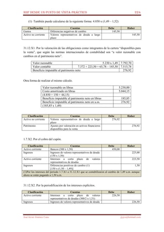 NIIF DESDE UN PUNTO DE VISTA PRÁCTICO 224
José Javier Jiménez Cano jjyjcs@hotmail.com
(1) También puede calcularse de la siguiente forma: 4.850 x (1,49 – 1,52)
Clasificación Cuentas Debe Haber
Gastos Diferencias negativas de cambio 145,50
Activo no corriente Valores representativos de deuda a largo
plazo
145,50
31.12.X1. Por la valoración de las obligaciones como integrantes de la cartera “disponibles para
la venta”, que según las normas internacionales de contabilidad son “a valor razonable con
cambios en el patrimonio neto”.
Valor razonable 5.230 x 1,49 7.792,70
Valor contable 7.372 + 223,50 + 65,78 – 145,50 7.515,78
Beneficio imputable al patrimonio neto 276,92
Otra forma de realizar el mismo cálculo.
Valor razonable en libras 5.230,00
Costo amortizado en libras 5.044,15
(4.850 + 150 + 44,15)
Beneficio imputable al patrimonio neto en libras 185,85
Beneficio imputable al patrimonio neto en u.m. 276,92
(185,85 x 1,49)
Clasificación Cuentas Debe Haber
Activo no corriente Valores representativos de deuda a largo
plazo
276,92
Patrimonio Ajustes por valoración en activos financieros
disponibles para la venta
276,92
1.7.X2. Por el cobro del cupón.
Clasificación Cuentas Debe Haber
Activo corriente Bancos (300 x 1,50) 450,00
Ingresos Ingresos de valores representativos de deuda
(150 x 1,50)
225,00
Activo corriente Intereses a corto plazo de valores
representativos de deudas
223,50
Ingresos Diferencias positivas de cambio (1)
[150 x (1,50 – 1,49)]
1,50
(1)Por los intereses del periodo 1.7.X1 a 31.12.X1 que se contabilizaron al cambio de 1,49 u.m. aunque
ahora se están pagando a 1,50 u.m.
31.12.X2. Por la periodificación de los intereses explícitos.
Clasificación Cuentas Debe Haber
Activo corriente Intereses a corto plazo de valores
representativos de deudas (300/2 x 1,51)
226,50
Ingresos Ingresos de valores representativos de deuda 226,50
 