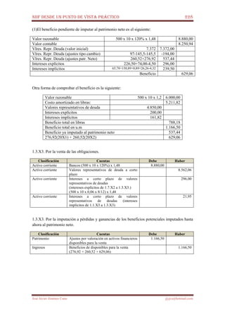 NIIF DESDE UN PUNTO DE VISTA PRÁCTICO 228
José Javier Jiménez Cano jjyjcs@hotmail.com
(1)El beneficio pendiente de imputar al patrimonio neto es el siguiente:
Valor razonable 500 x 10 x 120% x 1,48 8.880,00
Valor contable 8.250,94
Vlres. Repr. Deuda (valor inicial) 7.372 7.372,00
Vlres. Repr. Deuda (ajustes tipo cambio) 97-145,5-145,5 -194,00
Vlres. Repr. Deuda (ajustes patr. Neto) 260,52+276,92 537,44
Intereses explícitos 226,50+74,00-4,50 296,00
Intereses implícitos 65,78+150,89+0,89+26,26-4,32 239,50
Beneficio 629,06
Otra forma de comprobar el beneficio es la siguiente:
Valor razonable 500 x 10 x 1,2 6.000,00
Costo amortizado en libras: 5.211,82
Valores representativos de deuda 4.850,00
Intereses explícitos 200,00
Intereses implícitos 161,82
Beneficio total en libras 788,18
Beneficio total en u.m 1.166,50
Beneficio ya imputado al patrimonio neto 537,44
276,92(20X1) + 260,52(20X2) 629,06
1.3.X3. Por la venta de las obligaciones.
Clasificación Cuentas Debe Haber
Activo corriente Bancos (500 x 10 x 120%) x 1,48 8.880,00
Activo corriente Valores representativos de deuda a corto
plazo
8.562,06
Activo corriente Intereses a corto plazo de valores
representativos de deudas
(intereses explícitos de 1.7.X2 a 1.3.X3.)
(500 x 10 x 0,06 x 8/12) x 1,48
296,00
Activo corriente Intereses a corto plazo de valores
representativos de deudas (intereses
implícitos de 1.1.X3 a 1.3.X3)
21,95
1.3.X3. Por la imputación a pérdidas y ganancias de los beneficios potenciales imputados hasta
ahora al patrimonio neto.
Clasificación Cuentas Debe Haber
Patrimonio Ajustes por valoración en activos financieros
disponibles para la venta
1.166,50
Ingresos Beneficios de disponibles para la venta
(276,92 + 260,52 + 629,06)
1.166,50
 