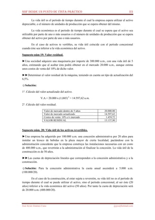 NIIF DESDE UN PUNTO DE VISTA PRÁCTICO 23
José Javier Jiménez Cano jjyjcs@hotmail.com
La vida útil es el período de tiempo durante el cual la empresa espera utilizar el activo
depreciable, o el número de unidades de producción que se espera obtener del mismo.
La vida económica es el período de tiempo durante el cual se espera que el activo sea
utilizable por parte de uno o más usuarios o el número de unidades de producción que se espera
obtener del activo por parte de uno o más usuarios.
En el caso de activos re vertibles, su vida útil coincide con el período concesional
cuando éste sea inferior a la vida económica del activo.
Supuesto núm 19: Valor residual.
►Una sociedad adquiere una maquinaria por importe de 300.000 u.m., con una vida útil de 5
años, estimando que al acabar ésta podrá obtener en el mercado 20.000 u.m., aunque estima
unos costos de venta del 10% de dicho valor.
►►Determinar el valor residual de la máquina, teniendo en cuenta un tipo de actualización del
6,5%.
☺Solución:
1°. Cálculo del valor actualizado del activo.
V.A.= 20.000 x (1,065)-5
= 14.597,62 u.m.
2°. Cálculo del valor residual.
Valor de mercado dentro de 5 años 20.000.00
Valor de mercado actualizado 14.597,62
Costos de venta: 10% s/v.mercado 1.459,72
VALOR RESIDUAL 13.137,90
Supuesto núm. 20: Vida útil de los activos revertibles.
►Una empresa ha adquirido por 100.000 u.m. una concesión administrativa por 20 años para
instalar un kiosco de bebidas en la plaza mayor de cierta localidad, pactándose con la
administración concedente que la empresa construya las instalaciones necesarias con un costo
de 400.000 u.m., que revertirán a la administración al finalizar la concesión. La vida útil de la
construcción es de 50 años.
►►Las cuotas de depreciación lineales que corresponden a la concesión administrativa y a la
construcción.
☺Solución: Para la concesión administrativa la cuota anual ascenderá a 5.000 u.m.
(100.000/20).
En el caso de la construcción, al estar sujeta a reversión, su vida útil no es el período de
tiempo durante el cual se puede utilizar el activo, sino el período concesional, al ser éste (20
años) inferior a la vida económica del activo (50 años). Por tanto la cuota de depreciación será
de 20.000 u.m. (400.000/20).
 