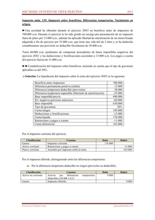 NIIF DESDE UN PUNTO DE VISTA PRÁCTICO 247
José Javier Jiménez Cano jjyjcs@hotmail.com
Supuesto núm. 135: Impuesto sobre beneficios. Diferencias temporarias. Nacimiento en
origen.
►Una sociedad ha obtenido durante el ejercicio 20X5 un beneficio antes de impuestos de
700.000 u.m. Durante el ejercicio le ha sido girado un recargo por presentación de un impuesto
fuera de plazo por 15.000 u.m., además ha aplicado libertad de amortización de un inmovilizado
adquirido a fin de ejercicio por 55.000 u.m. que tiene una vida útil de 5 años y se ha deducido
contablemente una provisión no deducible fiscalmente de 30.000 u.m.
Tenía 60.000 u.m. pendientes de compensar procedentes de bases imponibles negativas del
ejercicio 20X1 y las deducciones y bonificaciones ascienden a 13.000 u.m. Los pagos a cuenta
del ejercicio fueron de 11.000 u.m.
►►Contabilización del impuesto sobre beneficios, teniendo en cuenta que el tipo de gravamen
aplicables es del 30%.
☺Solución: La liquidación del impuesto sobre la renta del ejercicio 20X5 es la siguiente:
Beneficio antes impuestos 700.000
Diferencia permanente positiva (multa) 15.000
Diferencia temporaria deducible (provisión) 30.000
Diferencia temporaria imponible (libertado de amortización) -55.000
Base imponible previa 690.000
B.I. negativa ejercicios anteriores -60.000
Base imponible 630.000
Tipo de gravamen 30%
Cuota íntegra 189.000
Deducciones y bonificaciones -13.000
Cuota líquida 176.000
Retenciones y pagos a cuenta -11.000
Cuota diferencial 165.000
Por el impuesto corriente del ejercicio.
Clasificación Cuentas Debe Haber
Gastos Impuesto corriente 176.000
Activo corriente Retenciones y pagos a cuenta 11.000
Pasivo corriente Acreedor por impuesto sobre la renta 165.000
Por el impuesto diferido, distinguiendo entre las diferencias temporarias:
a) Por la diferencia temporaria deducible en origen (provisión no deducible).
Clasificación Cuentas Debe Haber
Activo no corriente Activos por diferencias temporarias
deducibles (30.000 x 0,3)
9.000
Gastos Impuesto diferido 9.000
 