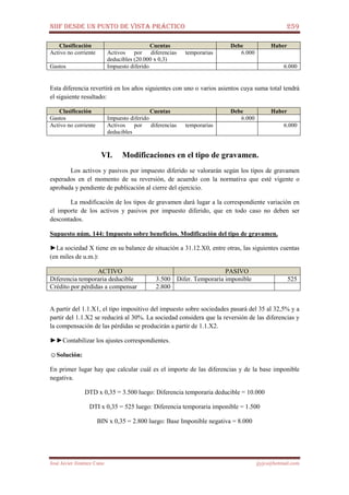 NIIF DESDE UN PUNTO DE VISTA PRÁCTICO 259
José Javier Jiménez Cano jjyjcs@hotmail.com
Clasificación Cuentas Debe Haber
Activo no corriente Activos por diferencias temporarias
deducibles (20.000 x 0,3)
6.000
Gastos Impuesto diferido 6.000
Esta diferencia revertirá en los años siguientes con uno o varios asientos cuya suma total tendrá
el siguiente resultado:
Clasificación Cuentas Debe Haber
Gastos Impuesto diferido 6.000
Activo no corriente Activos por diferencias temporarias
deducibles
6.000
VI. Modificaciones en el tipo de gravamen.
Los activos y pasivos por impuesto diferido se valorarán según los tipos de gravamen
esperados en el momento de su reversión, de acuerdo con la normativa que esté vigente o
aprobada y pendiente de publicación al cierre del ejercicio.
La modificación de los tipos de gravamen dará lugar a la correspondiente variación en
el importe de los activos y pasivos por impuesto diferido, que en todo caso no deben ser
descontados.
Supuesto núm. 144: Impuesto sobre beneficios. Modificación del tipo de gravamen.
►La sociedad X tiene en su balance de situación a 31.12.X0, entre otras, las siguientes cuentas
(en miles de u.m.):
ACTIVO PASIVO
Diferencia temporaria deducible 3.500 Difer. Temporaria imponible 525
Crédito por pérdidas a compensar 2.800
A partir del 1.1.X1, el tipo impositivo del impuesto sobre sociedades pasará del 35 al 32,5% y a
partir del 1.1.X2 se reducirá al 30%. La sociedad considera que la reversión de las diferencias y
la compensación de las pérdidas se producirán a partir de 1.1.X2.
►►Contabilizar los ajustes correspondientes.
☺Solución:
En primer lugar hay que calcular cuál es el importe de las diferencias y de la base imponible
negativa.
DTD x 0,35 = 3.500 luego: Diferencia temporaria deducible = 10.000
DTI x 0,35 = 525 luego: Diferencia temporaria imponible = 1.500
BIN x 0,35 = 2.800 luego: Base Imponible negativa = 8.000
 
