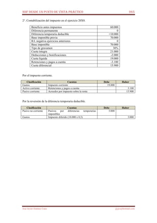 NIIF DESDE UN PUNTO DE VISTA PRÁCTICO 265
José Javier Jiménez Cano jjyjcs@hotmail.com
2°. Contabilización del impuesto en el ejercicio 20X8.
Beneficio antes impuestos 60.000
Diferencia permanente 0
Diferencia temporaria deducible +10.000
Base imponible previa 70.000
B.I. negativa ejercicios anteriores 0
Base imponible 70.000
Tipo de gravamen 30%
Cuota íntegra 21.000
Deducciones y bonificaciones -2.000
Cuota líquida 19.000
Retenciones y pagos a cuenta -3.100
Cuota diferencial 15.900
Por el impuesto corriente.
Clasificación Cuentas Debe Haber
Gastos Impuesto corriente 19.000
Activo corriente Retenciones y pagos a cuenta 3.100
Pasivo corriente Acreedor por impuesto sobre la renta 15.900
Por la reversión de la diferencia temporaria deducible.
Clasificación Cuentas Debe Haber
Pasivo no corriente Pasivos por diferencias temporarias
imponibles
3.000
Gastos Impuesto diferido (10.000 x 0,3) 3.000
 