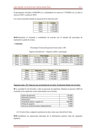 NIIF DESDE UN PUNTO DE VISTA PRÁCTICO 271
José Javier Jiménez Cano jjyjcs@hotmail.com
El presupuesto asciende a 6.000.000 u.m., estimándose los costos en 3.750.000 u.m. La obra se
inicia en 20X1 y acaba en 20X3.
Los costos incurridos durante la ejecución de la obra han sido:
Años Costes
20X1 750.000
20X2 1.050.000
20X3 1.950.000
Total 3.750.000
►►Determinar el resultado a contabilizar de acuerdo con el método del porcentaje de
realización o grado de avance.
☺Solución:
Porcentaje=Costos del ejercicio/Costo total x 100
Ingresos del ejercicio = Ingresos totales x porcentaje
Años Costos Porcentaje Ingresos del ejercicio
20X1 750.000 750.000/3.750.000 20% 6.000.000 x 20% 1.200.000
20X2 1.050.000 1.050.000/3.750.000 28% 6.000.000 x 28% 1.680.000
20X3 1.950.000 1.950.000/3.750.000 52% 6.000.000 x 52% 3.120.000
Total 3.750.000 100% 6.000.000
Años Ingresos Gastos Resultado
20X1 1.200.000 750.000 450.000
20X2 1.680.000 1.050.000 630.000
20X3 3.120.000 1.950.000 1.170.000
TOTAL 6.000.000 3.750.000 2.250.000
Supuesto núm. 151: Ingresos por prestación de servicios. Existencias finales de servicios.
►La sociedad X está llevando a cabo un proyecto de ingeniería. Durante el ejercicio 20X6 ha
incurrido en los siguientes costos relacionados con el mismo:
Gastos de personal 120.000
Materiales diversos 30.000
Suministros 5.000
Propiedad, planta y equipo (1) 400.000
Primas de seguros 4.000
Servicios de profesionales independientes 6.000
(1) El activo fijo se adquirió a primeros de año y tiene una vida útil de 8 años.
►►Contabilizar las operaciones derivadas de la información anterior, bajo las siguientes
hipótesis:
 