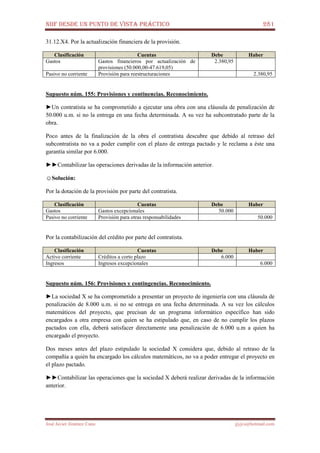 NIIF DESDE UN PUNTO DE VISTA PRÁCTICO 281
José Javier Jiménez Cano jjyjcs@hotmail.com
31.12.X4. Por la actualización financiera de la provisión.
Clasificación Cuentas Debe Haber
Gastos Gastos financieros por actualización de
provisiones (50.000,00-47.619,05)
2.380,95
Pasivo no corriente Provisión para reestructuraciones 2.380,95
Supuesto núm. 155: Provisiones y continencias. Reconocimiento.
►Un contratista se ha comprometido a ejecutar una obra con una cláusula de penalización de
50.000 u.m. si no la entrega en una fecha determinada. A su vez ha subcontratado parte de la
obra.
Poco antes de la finalización de la obra el contratista descubre que debido al retraso del
subcontratista no va a poder cumplir con el plazo de entrega pactado y le reclama a éste una
garantía similar por 6.000.
►►Contabilizar las operaciones derivadas de la información anterior.
☺Solución:
Por la dotación de la provisión por parte del contratista.
Clasificación Cuentas Debe Haber
Gastos Gastos excepcionales 50.000
Pasivo no corriente Provisión para otras responsabilidades 50.000
Por la contabilización del crédito por parte del contratista.
Clasificación Cuentas Debe Haber
Activo corriente Créditos a corto plazo 6.000
Ingresos Ingresos excepcionales 6.000
Supuesto núm. 156: Provisiones y contingencias. Reconocimiento.
►La sociedad X se ha comprometido a presentar un proyecto de ingeniería con una cláusula de
penalización de 8.000 u.m. si no se entrega en una fecha determinada. A su vez los cálculos
matemáticos del proyecto, que precisan de un programa informático específico han sido
encargados a otra empresa con quien se ha estipulado que, en caso de no cumplir los plazos
pactados con ella, deberá satisfacer directamente una penalización de 6.000 u.m a quien ha
encargado el proyecto.
Dos meses antes del plazo estipulado la sociedad X considera que, debido al retraso de la
compañía a quién ha encargado los cálculos matemáticos, no va a poder entregar el proyecto en
el plazo pactado.
►►Contabilizar las operaciones que la sociedad X deberá realizar derivadas de la información
anterior.
 