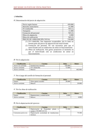 NIIF DESDE UN PUNTO DE VISTA PRÁCTICO 28
José Javier Jiménez Cano jjyjcs@hotmail.com
☺Solución:
1°. Determinación del precio de adquisición:
Precio según factura 450.000
Derechos arancelarios 61.000
IVA deducible NO (1)
Transporte 11.000
Formación del personal NO (2)
Obras de adaptación 8.000
Obras de reubicación NO (3)
PRECIO DE ADQUISICIÓN TOTAL 530.000
(1) IVA deducible. Son impuestos recuperables, por lo tanto no
forman parte del precio de adquisición del inmovilizado.
(2) Formación del personal. No son necesarios para que el
inmovilizado esté en condiciones de entrar en funcionamiento.
(3) Obras de reubicación. Son gastos posteriores al momento en
que el inmovilizado está en condiciones de entrar en
funcionamiento.
2°. Por la adquisición:
Clasificación Cuentas Debe Haber
Activo no corriente Instalaciones técnicas 530.000
Activo corriente IVA deducible 72.000
Activo corriente Bancos 602.000
3°. Por el pago del cursillo de formación al personal.
Clasificación Cuentas Debe Haber
Gastos Otros gastos sociales 20.000
Activo corriente Bancos 20.000
4°. Por las obras de reubicación:
Clasificación Cuentas Debe Haber
Gastos Reparaciones y conservación 4.000
Activo corriente Bancos 4.000
5°. Por la depreciación del ejercicio:
Clasificación Cuentas Debe Haber
Gastos Depreciación de Propiedad, planta y
equipo (530.000/5x9/12)
79.500
Correctora activo n/c Depreciación acumulada de instalaciones
técnicas
79.500
 
