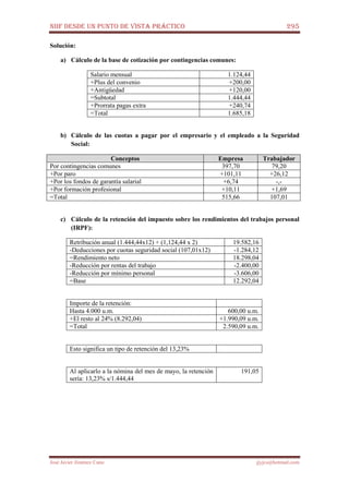 NIIF DESDE UN PUNTO DE VISTA PRÁCTICO 295
José Javier Jiménez Cano jjyjcs@hotmail.com
Solución:
a) Cálculo de la base de cotización por contingencias comunes:
Salario mensual 1.124,44
+Plus del convenio +200,00
+Antigüedad +120,00
=Subtotal 1.444,44
+Prorrata pagas extra +240,74
=Total 1.685,18
b) Cálculo de las cuotas a pagar por el empresario y el empleado a la Seguridad
Social:
Conceptos Empresa Trabajador
Por contingencias comunes 397,70 79,20
+Por paro +101,11 +26,12
+Por los fondos de garantía salarial +6,74 -,-
+Por formación profesional +10,11 +1,69
=Total 515,66 107,01
c) Cálculo de la retención del impuesto sobre los rendimientos del trabajos personal
(IRPF):
Retribución anual (1.444,44x12) + (1,124,44 x 2) 19.582,16
-Deducciones por cuotas seguridad social (107,01x12) -1.284,12
=Rendimiento neto 18.298,04
-Reducción por rentas del trabajo -2.400,00
-Reducción por mínimo personal -3.606,00
=Base 12.292,04
Importe de la retención:
Hasta 4.000 u.m. 600,00 u.m.
+El resto al 24% (8.292,04) +1.990,09 u.m.
=Total 2.590,09 u.m.
Esto significa un tipo de retención del 13,23%
Al aplicarlo a la nómina del mes de mayo, la retención
sería: 13,23% s/1.444,44
191,05
 