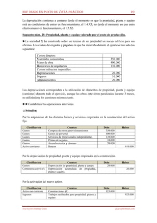 NIIF DESDE UN PUNTO DE VISTA PRÁCTICO 29
José Javier Jiménez Cano jjyjcs@hotmail.com
La depreciación comienza a contarse desde el momento en que la propiedad, planta y equipo
está en condiciones de entrar en funcionamiento, el 1.4.X5, no desde el momento en que entra
efectivamente en funcionamiento, el 1.7.X5.
Supuesto núm. 25: Propiedad, planta y equipo valorado por el costo de producción.
►La sociedad X ha construido sobre un terreno de su propiedad un nuevo edificio para sus
oficinas. Los costos devengados y pagados en que ha incurrido durante el ejercicio han sido los
siguientes:
Costos directos:
Materiales consumidos 350.000
Mano de obra 400.000
Honorarios de arquitectos 130.000
Costos indirectos imputables:
Depreciaciones 20.000
Seguros 10.000
Arrendamientos 20.000
Las depreciaciones corresponden a la utilización de elementos de propiedad, planta y equipo
(camiones) durante todo el ejercicio, aunque las obras estuvieron paralizadas durante 3 meses,
no utilizándose los camiones mientras tanto.
►►Contabilizar las operaciones anteriores.
☺Solución:
Por la adquisición de los distintos bienes y servicios empleados en la construcción del activo
fijo.
Clasificación Cuentas Debe Haber
Gastos Compras de otros aprovisionamientos 350.000
Gastos Gastos de personal 400.000
Gastos Servicios de profesionales independientes 130.000
Gastos Primas de seguros 10.000
Gastos Arrendamientos y cánones 20.000
Activo corriente Bancos 910.000
Por la depreciación de propiedad, planta y equipo empleados en la construcción.
Clasificación Cuentas Debe Haber
Gastos Depreciación de propiedad, planta y equipo 20.000
Correctora activo n/c Depreciación acumulada de propiedad,
planta y equipo.
20.000
Por la activación del nuevo activo.
Clasificación Cuentas Debe Haber
Activo no corriente Construcciones (1) 925.000
Ingresos Trabajos realizados para propiedad, planta y
equipo.
925.000
 