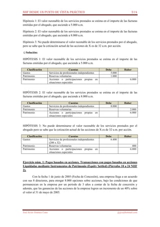 NIIF DESDE UN PUNTO DE VISTA PRÁCTICO 314
José Javier Jiménez Cano jjyjcs@hotmail.com
Hipótesis 1: El valor razonable de los servicios prestados se estima en el importe de las facturas
emitidas por el abogado, que asciende a 5.000 u.m.
Hipótesis 2: El valor razonable de los servicios prestados se estima en el importe de las facturas
emitidas por el abogado, que asciende a 8.000 u.m.
Hipótesis 3: No puede determinarse el valor razonable de los servicios prestados por el abogado,
pero se sabe que la cotización actual de las acciones de X es de 32 u.m. por acción.
☺Solución:
HIPÓTESIS 1: El valor razonable de los servicios prestados se estima en el importe de las
facturas emitidas por el abogado, que asciende a 5.000 u.m.
Clasificación Cuentas Debe Haber
Gastos Servicios de profesionales independientes 5.000
Patrimonio Reservas voluntarias 1.000
Patrimonio Acciones o participaciones propias en
situaciones especiales
6.000
HIPÓTESIS 2: El valor razonable de los servicios prestados se estima en el importe de las
facturas emitidas por el abogado, que asciende a 8.000 u.m.
Clasificación Cuentas Debe Haber
Gastos Servicios de profesionales independientes 8.000
Patrimonio Reservas voluntarias 2.000
Patrimonio Acciones o participaciones propias en
situaciones especiales
6.000
HIPÓTESIS 3: No puede determinarse el valor razonable de los servicios prestados por el
abogado pero se sabe que la cotización actual de las acciones de X es de 32 u.m. por acción.
Clasificación Cuentas Debe Haber
Gastos Servicios de profesionales independientes
(200 x 32)
6.400
Patrimonio Reservas voluntarias 400
Patrimonio Acciones o participaciones propias en
situaciones especiales
6.000
Ejercicio núm. 1: Pagos basados en acciones. Transacciones con pagos basados en acciones
Liquidadas mediante Instrumentos de Patrimonio (Equity Settled) (Párrafos 10 a 24 NIIF
2).
Con la fecha 1 de junio de 2005 (Fecha de Concesión), una empresa llega a un acuerdo
con sus 8 directores, para otorgar 8.000 opciones sobre acciones, bajo las condiciones de que
permanezcan en la empresa por un período de 3 años a contar de la fecha de concesión y
además, que las ganancias de las acciones de la empresa logren un incremento de un 40% sobre
el valor al 31 de mayo de 2005.
 