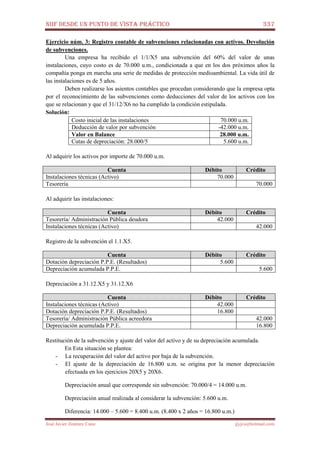 NIIF DESDE UN PUNTO DE VISTA PRÁCTICO 337
José Javier Jiménez Cano jjyjcs@hotmail.com
Ejercicio núm. 3: Registro contable de subvenciones relacionadas con activos. Devolución
de subvenciones.
Una empresa ha recibido el 1/1/X5 una subvención del 60% del valor de unas
instalaciones, cuyo costo es de 70.000 u.m., condicionada a que en los dos próximos años la
compañía ponga en marcha una serie de medidas de protección medioambiental. La vida útil de
las instalaciones es de 5 años.
Deben realizarse los asientos contables que procedan considerando que la empresa opta
por el reconocimiento de las subvenciones como deducciones del valor de los activos con los
que se relacionan y que el 31/12/X6 no ha cumplido la condición estipulada.
Solución:
Costo inicial de las instalaciones 70.000 u.m.
Deducción de valor por subvención -42.000 u.m.
Valor en Balance 28.000 u.m.
Cutas de depreciación: 28.000/5 5.600 u.m.
Al adquirir los activos por importe de 70.000 u.m.
Cuenta Débito Crédito
Instalaciones técnicas (Activo) 70.000
Tesorería 70.000
Al adquirir las instalaciones:
Cuenta Débito Crédito
Tesorería/ Administración Pública deudora 42.000
Instalaciones técnicas (Activo) 42.000
Registro de la subvención el 1.1.X5.
Cuenta Débito Crédito
Dotación depreciación P.P.E. (Resultados) 5.600
Depreciación acumulada P.P.E. 5.600
Depreciación a 31.12.X5 y 31.12.X6
Cuenta Débito Crédito
Instalaciones técnicas (Activo) 42.000
Dotación depreciación P.P.E. (Resultados) 16.800
Tesorería/ Administración Pública acreedora 42.000
Depreciación acumulada P.P.E. 16.800
Restitución de la subvención y ajuste del valor del activo y de su depreciación acumulada.
En Esta situación se plantea:
- La recuperación del valor del activo por baja de la subvención.
- El ajuste de la depreciación de 16.800 u.m. se origina por la menor depreciación
efectuada en los ejercicios 20X5 y 20X6.
Depreciación anual que corresponde sin subvención: 70.000/4 = 14.000 u.m.
Depreciación anual realizada al considerar la subvención: 5.600 u.m.
Diferencia: 14.000 – 5.600 = 8.400 u.m. (8.400 x 2 años = 16.800 u.m.)
 