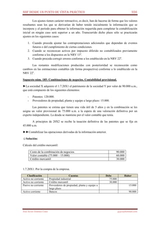 NIIF DESDE UN PUNTO DE VISTA PRÁCTICO 356
José Javier Jiménez Cano jjyjcs@hotmail.com
Los ajustes tienen carácter retroactivo, es decir, han de hacerse de forma que los valores
resultantes sean los que se derivarían de haber tenido inicialmente la información que se
incorpora y el período para obtener la información requerida para completar la contabilización
inicial en ningún caso será superior a un año. Transcurrido dicho plazo sólo se practicarán
ajustes en los siguientes casos:
1. Cuando proceda ajustar las contraprestaciones adicionales que dependan de eventos
futuros o del cumplimiento de ciertas condiciones.
2. Cuando se reconozcan activos por impuesto diferido no contabilizados previamente
conforme a los dispuestos en la NRV 13a
.
3. Cuando proceda corregir errores conforme a los establecido en la NRV 22a
.
Las restantes modificaciones producidas con posterioridad se reconocerán como
cambios en las estimaciones contables (de forma prospectiva) conforme a lo establecido en la
NRV 22a
.
Supuesto núm. 185: Combinaciones de negocios. Contabilidad provisional.
►La sociedad X adquiere el 1.7.20X1 el patrimonio de la sociedad Y por valor de 90.000 u.m.,
que está compuesto de los siguientes elementos:
- Patentes: 120.000.
- Proveedores de propiedad, planta y equipo a largo plazo: 15.000.
Las patentes se estima que tienen una vida útil de 5 años y en la combinación se les
asigna un valor provisional de 75.000 u.m. a la espera de una valoración definitiva por un
experto independiente. La deuda se mantiene por el valor contable que tenía.
A principios de 20X2 se recibe la tasación definitiva de las patentes que se fija en
45.000 u.m.
►►Contabilizar las operaciones derivadas de la información anterior.
☺Solución:
Cálculo del crédito mercantil:
Costo de la combinación de negocios 90.000
Valor contable (75.000 – 15.000) 60.000
Crédito mercantil 30.000
1.7.20X1: Por la compra de la empresa.
Clasificación Cuentas Debe Haber
Activo no corriente Propiedad industrial 75.000
Activo no corriente Crédito mercantil 30.000
Pasivo no corriente Proveedores de propiedad, planta y equipo a
largo plazo
15.000
Activo corriente Bancos 90.000
 