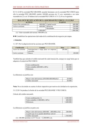 NIIF DESDE UN PUNTO DE VISTA PRÁCTICO 358
José Javier Jiménez Cano jjyjcs@hotmail.com
El 31.12.X9 la sociedad PEZ GRANDE acuerda fusionarse con la sociedad PEZ CHICO para
ello la sociedad PEZ GRANDE emitirá 100.000 acciones de 15 u.m. nominales a un valor
razonable de 22 u.m. El balance de la sociedad PEZ CHICO A 31.12.x9 es el siguiente:
BALANCE DE SITUACIÓN DE LA SOCIEDAD PEZ CHICO A 31.12.20x9
ACTIVO PASIVO
Activo No corriente (1) 400.000 Capital social 400.000
Activo corriente 600.000 Reservas 250.000
Resultados 350.000
1.000.000 1.000.000
(1) Valor razonable del terreno: 800.000 u.m.
►►Contabilizar las operaciones derivadas de la combinación de negocios por etapas.
☺Solución:
1.1.X7: Por la adquisición de las acciones por PEZ GRANDE.
Clasificación Cuentas Debe Haber
Activo no corriente Participaciones a largo plazo en empresas
asociadas
200.000
Activo corriente Bancos 200.000
También hay que calcular el crédito mercantil de cada transacción, aunque no surge hasta que se
adquiere el control de PEZ CHICO:
Costo combinación 200.000
Valor contable (400.000 x 40%) 160.000
Diferencia 40.000
La diferencia se justifica con:
Mayor valor del terreno (450.000-400.000)x0,4 20.000
Crédito mercantil 20.000
Nota: No se ha tenido en cuenta el efecto impositivo por motivos de claridad en la exposición.
31.12.X9. Se produce la fusión de la sociedad PEZ GRANDE Y PEZ CHICO.
Cálculo del crédito mercantil,
Costo combinación (1) 2.200.000
Valor contable (1.000.000 x 60%) 600.000
Diferencia 1.600.000
La diferencia se justifica en parte con:
Mayor valor del terreno (800.000 – 400.000) x 0,6 240.000
La parte que no se puede identificar será el:
Crédito mercantil 1.360.000
(1) 100.000 acciones x (15+7) u.m. = 2.200.000 u.m.
 