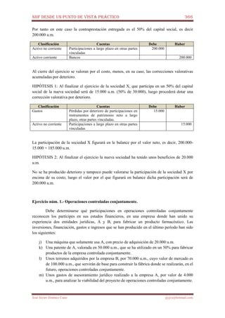 NIIF DESDE UN PUNTO DE VISTA PRÁCTICO 366
José Javier Jiménez Cano jjyjcs@hotmail.com
Por tanto en este caso la contraprestación entregada es el 50% del capital social, es decir
200.000 u.m.
Clasificación Cuentas Debe Haber
Activo no corriente Participaciones a largo plazo en otras partes
vinculadas
200.000
Activo corriente Bancos 200.000
Al cierre del ejercicio se valoran por el costo, menos, en su caso, las correcciones valorativas
acumuladas por deterioro.
HIPÓTESIS 1: Al finalizar el ejercicio de la sociedad X, que participa en un 50% del capital
social de la nueva sociedad será de 15.000 u.m. (50% de 30.000), luego procederá dotar una
corrección valorativa por deterioro.
Clasificación Cuentas Debe Haber
Gastos Pérdidas por deterioro de participaciones en
instrumentos de patrimonio neto a largo
plazo, otras partes vinculadas.
15.000
Activo no corriente Participaciones a largo plazo en otras partes
vinculadas
15.000
La participación de la sociedad X figurará en le balance por el valor neto, es decir, 200.000-
15.000 = 185.000 u.m.
HIPÓTESIS 2: Al finalizar el ejercicio la nueva sociedad ha tenido unos beneficios de 20.000
u.m.
No se ha producido deterioro y tampoco puede valorarse la participación de la sociedad X por
encima de su costo, luego el valor por el que figurará en balance dicha participación será de
200.000 u.m.
Ejercicio núm. 1.- Operaciones controladas conjuntamente.
Debe determinarse qué participaciones en operaciones controladas conjuntamente
reconocen los partícipes en sus estados financieros, en una empresa donde han unido su
experiencia dos entidades jurídicas, A y B, para fabricar un producto farmacéutico. Las
inversiones, financiación, gastos e ingresos que se han producido en el último período han sido
los siguientes:
j) Una máquina que solamente usa A, con precio de adquisición de 20.000 u.m.
k) Una patente de A, valorada en 50.000 u.m., que se ha utilizado en un 50% para fabricar
productos de la empresa controlada conjuntamente.
l) Unos terrenos adquiridos por la empresa B, por 70.000 u.m., cuyo valor de mercado es
de 100.000 u.m., que servirán de base para construir la fábrica donde se realizarán, en el
futuro, operaciones controladas conjuntamente.
m) Unos gastos de asesoramiento jurídico realizado a la empresa A, por valor de 4.000
u.m., para analizar la viabilidad del proyecto de operaciones controladas conjuntamente.
 