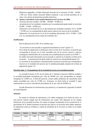 NIIF DESDE UN PUNTO DE VISTA PRÁCTICO 375
José Javier Jiménez Cano jjyjcs@hotmail.com
- Diferencia imputable a Crédito Mercantil derivado de la inversión: 63.500 – 56.000 =
7.500 u.m. Dicho crédito mercantil deberá someterse a una revisión periódica de su
valor, a los efectos de determinar posibles deterioros.
2) Ajustes a introducir en los estados financieros de I al cierre de 2004.
- Variación del neto contable: 185.000 – 140.000 = 45.000 u.m.
- Acumulación de los resultados retenidos por la sociedad participada desde la inversión:
45.000 – 15.000 = 30.000 u.m.
- Aplicación a la inversión de I en A del aumento por resultados retenidos: 0,35 x 30.000
= 10.500 u.m. La contrapartida de dicho ajuste estará en las reservas de la sociedad I.
- Aplicación a la inversión de I en A de los resultados del período: 0,35 x 15.000 = 5.250
u.m. La contrapartida será la cuenta de resultados de I.
Justificación:
Para la aplicación de la NIC 28 se establece que:
- “La inversión en una asociada se registrará inicialmente al costo” (punto 11)
- En la fecha de adquisición, la diferencia entre el costo de la inversión y la porción que
corresponda al inversor en el valor razonable neto de los activos, pasivos y pasivos
contingentes identificables de la asociada será contabilizada de acuerdo con la NIIF 3…
El crédito mercantil relacionado con la asociada se incluirá en el importe en libros de la
inversión… la amortización de dicho fondo de comercio no está permitida (punto 23)
- La inversión se incrementará o disminuirá para reconocer la porción que corresponde al
inversor en el resultado del ejercicio por la entidad participada, después de la fecha de
adquisición (punto 11).
Ejercicio núm. 2.- Transmisiones de la sociedad inversora a la sociedad asociada.
La sociedad X posee el 25% de los títulos de Y. Durante el ejercicio 2004 ha vendido a
la sociedad participada mercaderías por valor de 80.000 u.m., que incorporaban un margen
intragrupo de 12.000 u.m. A final del ejercicio, existen saldos pendientes de cancelación entre
ambas sociedades por valor de 15.000 u.m. Asimismo, en dicha fecha la sociedad Y sigue
manteniendo en su activo mercaderías procedentes de X, por valor de 20.000 u.m.
Se pide determinar las eliminaciones que practicar y su imputación, siguiendo el método
de la participación.
Solución:
En cuanto al volumen de operaciones y los saldos intragrupo en la fecha de cierre, no
será preciso realizar ningún tipo de eliminación, por cuanto sólo figurarán en los estados
financieros de la sociedad inversora. En cuanto al margen incorporado en las existencias de Y,
procedentes de X, deberá eliminarse la porción que afecta a la inversión entre ambas empresas.
Si imputación serán en el balance y cuenta de resultados de X, tal como se indica en el cuadro
siguiente:
Concepto Importe Margen Coeficiente Elim.
Balance
Importe Elim. Cta.
Resultados
Importe
Inventarios 20.000 3.000 0,25 -Inversión
en Y
-Resultados
750
750 -Ventas 750
 