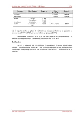 NIIF DESDE UN PUNTO DE VISTA PRÁCTICO 382
José Javier Jiménez Cano jjyjcs@hotmail.com
Concepto Elim. Balance Importe Elim.
Resultados
Importe
Volumen
operaciones
Compras
Ventas
150.000
150.000
Saldos Clientes
Proveedores
12.000
12.000
Inventarios
finales
Inventarios
Resultados F
(*)
4.500
4.500 Coste ventas 4.500
(*) El importe resulta de aplicar el coeficiente del margen resultante de la operación de
compraventa (30.000/150.000), al inventario final del ejercicio (22.500).
La imputación a resultados de F, al ser ésta participada por M, deberá atribuirse a la
sociedad inversora, en un 60%, y a los socios minoritarios de F, en un 40%.
Justificación:
La NIC 27 establece que “se eliminarán en su totalidad los saldos, transacciones,
ingresos y gastos intragrupo” (punto 24]); y que “las pérdidas y ganancias que se deriven de las
transacciones intragrupo y que hayan sido reconocidas como activos…. Se eliminarán en su
totalidad”.
 
