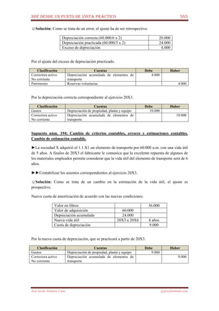 NIIF DESDE UN PUNTO DE VISTA PRÁCTICO 385
José Javier Jiménez Cano jjyjcs@hotmail.com
☺Solución: Como se trata de un error, el ajuste ha de ser retrospectivo.
Depreciación correcta (60.000/6 x 2) 20.000
Depreciación practicada (60.000/5 x 2) 24.000
Exceso de depreciación 4.000
Por el ajuste del exceso de depreciación practicado.
Clasificación Cuentas Debe Haber
Correctora activo
No corriente
Depreciación acumulada de elementos de
transporte
4.000
Patrimonio Reservas voluntarias 4.000
Por la depreciación correcta correspondiente al ejercicio 20X3.
Clasificación Cuentas Debe Haber
Gastos Depreciación de propiedad, planta y equipo 10.000
Correctora activo
No corriente
Depreciación acumulada de elementos de
transporte
10.000
Supuesto núm. 194: Cambio de criterios contables, errores y estimaciones contables.
Cambio de estimación contable.
►La sociedad X adquirió el 1.1.X1 un elemento de transporte por 60.000 u.m. con una vida útil
de 5 años. A finales de 20X3 el fabricante le comunica que la excelente repuesta de algunos de
los materiales empleados permite considerar que la vida útil del elemento de transporte será de 6
años.
►►Contabilizar los asientos correspondientes al ejercicio 20X3.
☺Solución: Como se trata de un cambio en la estimación de la vida útil, el ajuste es
prospectivo.
Nueva cuota de amortización de acuerdo con las nuevas condiciones:
Valor en libros 36.000
Valor de adquisición 60.000
Depreciación acumulada 24.000
Nueva vida útil 20X3 a 20X6 4 años
Cuota de depreciación 9.000
Por la nueva cuota de depreciación, que se practicará a partir de 20X3.
Clasificación Cuentas Debe Haber
Gastos Depreciación de propiedad, planta y equipo 9.000
Correctora activo
No corriente
Depreciación acumulada de elementos de
transporte
9.000
 