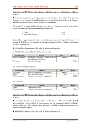 NIIF DESDE UN PUNTO DE VISTA PRÁCTICO 386
José Javier Jiménez Cano jjyjcs@hotmail.com
Supuesto núm. 86: Cambio de criterios contables, errores y estimaciones contables:
errores.
►Como consecuencia de unas actuaciones de comprobación, a la sociedad X le han sido
descubiertas por la inspección de Hacienda unas inversiones financieras en bonos de Singapur
adquiridas por 150.000 u.m. y que no figuran en su contabilidad.
El resultado de la inspección ha finalizado con un acta por el Impuesto sobre las ganancias del
ejercicio 20X4 con la siguiente propuesta de regularización.
Cuota 45.000
Intereses de demora 5.200
La sociedad va a prestar conformidad a la liquidación, así como a la propuesta de sanción por
importe de 30.000 u.m. Los intereses de demora corresponden 4.000 a ejercicios anteriores y
1.200 al ejercicio actual.
►►Contabilizar las operaciones derivadas de la información anterior.
☺Solución: Por la contabilización de los activos ocultos.
Clasificación Cuentas Debe Haber
Activo no corriente Inversiones financieras a largo plazo en
instrumentos de patrimonio
150.000
Patrimonio Reservas voluntarias 150.000
Por la firma del acta de inspección.
Clasificación Cuentas Debe Haber
Patrimonio Reservas voluntarias (45.000 + 4.000) 49.000
Gastos Otros gastos financieros 1.200
Pasivo corriente Acreedor por impuesto sobre ganancias 50.200
Por la sanción.
Clasificación Cuentas Debe Haber
Gastos Gastos excepcionales 30.000
Pasivo corriente Acreedor por impuesto sobre ganancias 30.000
Supuesto núm. 87: Cambio de criterios contables, errores y estimaciones contables:
errores.
►La sociedad X recibió en el ejercicio 20X4 una factura de 15.000 u.m. más 16% de IVA
correspondiente a unos trabajos de mantenimiento en sus instalaciones fabriles realizados
durante el ejercicio 20X3, dándose cuenta el contador en 20X4, al realizar el pago, que no se
había contabilizado el gasto.
►►Contabilizar las operaciones derivadas de la información anterior.
 