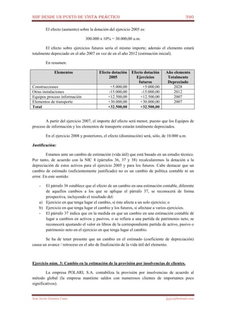 NIIF DESDE UN PUNTO DE VISTA PRÁCTICO 390
José Javier Jiménez Cano jjyjcs@hotmail.com
El efecto (aumento) sobre la dotación del ejercicio 2005 es:
300.000 x 10% = 30.000,00 u.m.
El efecto sobre ejercicios futuros sería el mismo importe; además el elemento estará
totalmente depreciado en el año 2007 en vez de en el año 2012 (estimación inicial).
En resumen:
Elementos Efecto dotación
2005
Efecto dotación
Ejercicios
futuros
Año elemento
Totalmente
Depreciado
Construcciones +5.000,00 +5.000,00 2028
Otras instalaciones -15.000,00 -15.000,00 2012
Equipos proceso información +12.500,00 +12.500,00 2007
Elementos de transporte +30.000,00 +30.000,00 2007
Total +32.500,00 +32.500,00
A partir del ejercicio 2007, el importe del efecto será menor, puesto que los Equipos de
proceso de información y los elementos de transporte estarán totalmente depreciados.
En el ejercicio 2008 y posteriores, el efecto (disminución) será, sólo, de 10.000 u.m.
Justificación:
Estamos ante un cambio de estimación (vida útil) que está basado en un estudio técnico.
Por tanto, de acuerdo con la NIC 8 (párrafos 36, 37 y 38) recalcularemos la dotación a la
depreciación de estos activos para el ejercicio 2005 y para los futuros. Cabe destacar que un
cambio de estimado (suficientemente justificado) no es un cambio de política contable ni un
error. En este sentido:
- El párrafo 36 establece que el efecto de un cambio en una estimación contable, diferente
de aquellos cambios a los que se aplique el párrafo 37, se reconocerá de forma
prospectiva, incluyendo el resultado del:
a) Ejercicio en que tenga lugar el cambio, si éste afecta a un solo ejercicio; o
b) Ejercicio en que tenga lugar el cambio y los futuros, si afectase a varios ejercicios.
- El párrafo 37 indica que en la medida en que un cambio en una estimación contable dé
lugar a cambios en activos y pasivos, o se refiera a una partida de patrimonio neto, se
reconocerá ajustando el valor en libros de la correspondiente partida de activo, pasivo o
patrimonio neto en el ejercicio en que tenga lugar el cambio.
Se ha de tener presente que un cambio en el estimado (coeficiente de depreciación)
causa un avance / retroceso en el año de finalización de la vida útil del elemento.
Ejercicio núm. 3: Cambio en la estimación de la provisión por insolvencias de clientes.
La empresa POLARI, S.A. contabiliza la provisión por insolvencias de acuerdo al
método global (la empresa mantiene saldos con numerosos clientes de importantes poco
significativos).
 