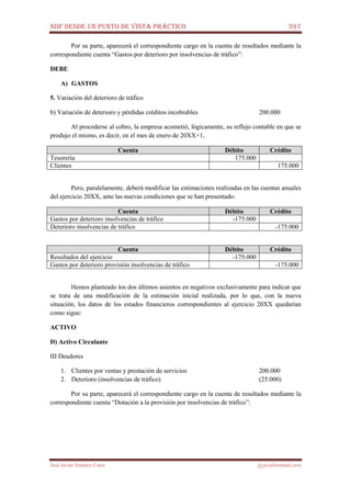 NIIF DESDE UN PUNTO DE VISTA PRÁCTICO 397
José Javier Jiménez Cano jjyjcs@hotmail.com
Por su parte, aparecerá el correspondiente cargo en la cuenta de resultados mediante la
correspondiente cuenta “Gastos por deterioro por insolvencias de tráfico”:
DEBE
A) GASTOS
5. Variación del deterioro de tráfico
b) Variación de deterioro y pérdidas créditos incobrables 200.000
Al procederse al cobro, la empresa acometió, lógicamente, su reflejo contable en que se
produjo el mismo, es decir, en el mes de enero de 20XX+1,
Cuenta Débito Crédito
Tesorería 175.000
Clientes 175.000
Pero, paralelamente, deberá modificar las estimaciones realizadas en las cuentas anuales
del ejercicio 20XX, ante las nuevas condiciones que se han presentado:
Cuenta Débito Crédito
Gastos por deterioro insolvencias de tráfico -175.000
Deterioro insolvencias de tráfico -175.000
Cuenta Débito Crédito
Resultados del ejercicio -175.000
Gastos por deterioro provisión insolvencias de tráfico -175.000
Hemos planteado los dos últimos asientos en negativos exclusivamente para indicar que
se trata de una modificación de la estimación inicial realizada, por lo que, con la nueva
situación, los datos de los estados financieros correspondientes al ejercicio 20XX quedarían
como sigue:
ACTIVO
D) Activo Circulante
III Deudores
1. Clientes por ventas y prestación de servicios 200.000
2. Deterioro (insolvencias de tráfico) (25.000)
Por su parte, aparecerá el correspondiente cargo en la cuenta de resultados mediante la
correspondiente cuenta “Dotación a la provisión por insolvencias de tráfico”:
 
