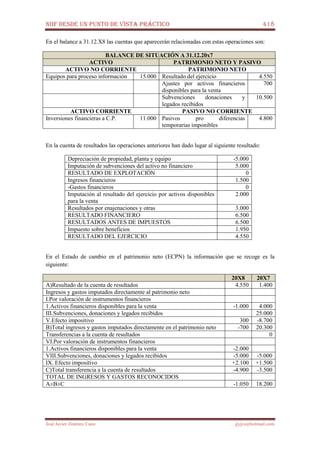 NIIF DESDE UN PUNTO DE VISTA PRÁCTICO 418
José Javier Jiménez Cano jjyjcs@hotmail.com
En el balance a 31.12.X8 las cuentas que aparecerán relacionadas con estas operaciones son:
BALANCE DE SITUACIÓN A 31.12.20x7
ACTIVO PATRIMONIO NETO Y PASIVO
ACTIVO NO CORRIENTE PATRIMONIO NETO
Equipos para proceso información 15.000 Resultado del ejercicio 4.550
Ajustes por activos financieros
disponibles para la venta
700
Subvenciones donaciones y
legados recibidos
10.500
ACTIVO CORRIENTE PASIVO NO CORRIENTE
Inversiones financieras a C.P. 11.000 Pasivos pro diferencias
temporarias imponibles
4.800
En la cuenta de resultados las operaciones anteriores han dado lugar al siguiente resultado:
Depreciación de propiedad, planta y equipo -5.000
Imputación de subvenciones del activo no financiero 5.000
RESULTADO DE EXPLOTACIÓN 0
Ingresos financieros 1.500
-Gastos financieros 0
Imputación al resultado del ejercicio por activos disponibles
para la venta
2.000
Resultados por enajenaciones y otras 3.000
RESULTADO FINANCIERO 6.500
RESULTADOS ANTES DE IMPUESTOS 6.500
Impuesto sobre beneficios 1.950
RESULTADO DEL EJERCICIO 4.550
En el Estado de cambio en el patrimonio neto (ECPN) la información que se recoge es la
siguiente:
20X8 20X7
A)Resultado de la cuenta de resultados 4.550 1.400
Ingresos y gastos imputados directamente al patrimonio neto
I.Por valoración de instrumentos financieros
1.Activos financieros disponibles para la venta -1.000 4.000
III.Subvenciones, donaciones y legados recibidos 25.000
V.Efecto impositivo 300 -8.700
B)Total ingresos y gastos imputados directamente en el patrimonio neto -700 20.300
Transferencias a la cuenta de resultados 0
VI.Por valoración de instrumentos financieros
1.Activos financieros disponibles para la venta -2.000
VIII.Subvenciones, donaciones y legados recibidos -5.000 -5.000
IX. Efecto impositivo +2.100 +1.500
C)Total transferencia a la cuenta de resultados -4.900 -3.500
TOTAL DE INGRESOS Y GASTOS RECONOCIDOS
A±B±C -1.050 18.200
 
