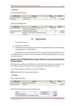 NIIF DESDE UN PUNTO DE VISTA PRÁCTICO 41
José Javier Jiménez Cano jjyjcs@hotmail.com
☺Solución:
SOCIEDAD RECEPTORA:
Clasificación Cuentas Debe Haber
Activo no corriente Terrenos y bienes naturales 300.000
Patrimonio Capital social 300.000
SOCIEDAD APORTANTE:
Clasificación Cuentas Debe Haber
Activo no corriente Inversiones financieras a largo plazo en
instrumentos de patrimonio
300.000
Activo no corriente Terrenos y bienes naturales 80.000
Ingresos Beneficios procedentes de propiedad, planta
y equipo
220.000
VI. Depreciación.
Se realizará de forma:
• Sistemática y racional, e
• Independiente para cada parte de un elemento de propiedad, planta y equipo que tenga
costo significativo y vida útil distinta.
Los cambios en el valor residual, la vida útil y el método de depreciación de un activo
se contabilizarán como cambios en las estimaciones contables (carácter prospectivo), salvo que
se tratara de un error.
Supuesto núm. 35: Propiedad, planta y equipo. Cálculo de la cuota de depreciación de un
elemento complejo.
►Se adquiere un autobús por 120.000 u.m. cuya vida útil es de 8 años, pero se sabe que a los 4
años habrá que hacerle un cambio de motor que representa el 40% del valor del autobús.
A los 4 años se produce el cambio con un coste de 50.000 u.m.
►►Contabilización de las operaciones anteriores.
☺Solución:
Por la compra del autobús:
Clasificación Cuentas Debe Haber
Activo no corriente Elementos de transporte 120.000
Activo corriente Bancos 120.000
Depreciación anual durante los cuatro primeros años:
Motor 120.000x0,4/4 12.000
Resto del autobús 120.000x0,6/8 9.000
Cuota anual durante los 4 primeros años 21.000
 