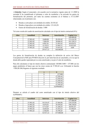 NIIF DESDE UN PUNTO DE VISTA PRÁCTICO 442
José Javier Jiménez Cano jjyjcs@hotmail.com
☺Solución: Según el enunciado y de acuerdo con la normativa vigente antes de 1-1-2008 la
sociedad X ha contabilizado el préstamo a valor de reembolso y ha activado los gastos de
formalización del préstamo, por tanto las cuentas existentes en el balance a 31-12-2007
relacionadas con el préstamo son:
• Deudas a corto plazo con entidades de crédito: 28.383,42
• Deudas a largo plazo con entidades de crédito: 131.616,58
• Gastos de formalización de deudas: 3.000
Tal como resulta del cuadro de amortización calculado con el tipo de interés contractual (6%):
Años Anualidad Intereses Amortización Capital vivo
160.000,00
1 37.983,42 9.600,00 28.383,42 131.616,58
2 37.983,42 7.896,99 30.086,43 101.530,15
3 37.983,42 6.091,81 31.891,62 69.638,53
4 37.983,42 4.178,31 33.805,11 35.833,42
5 37.983,42 2.150,01 33.833,42 0,00
29.917,12 160.000,00
Los gastos de formalización de deudas no cumplen la definición de activo del Marco
Conceptual de la NIIF para PYMES (Sección 2), por tanto han de ser cancelados, a la vez que la
deuda debe quedar registrada por su costo amortizado y no por el valor de reembolso.
Para ello calculamos el tipo de interés efectivo contrastando 160.000-3.000 = 157.000 con los
pagos pendientes al banco que son las cinco cuotas de 37.983,42 u.m. Utilizando la función
+TIR (B1:B6) llegamos al siguiente resultado:
A B
1 0 157.000
2 1 -37.983,42
3 2 -37.983,42
4 3 -37.983,42
5 4 -37.983,42
6 5 -37.983,42
7 6,6996606%
Después se calcula el cuadro del costo amortizado con el tipo de interés efectivo del
6,6996606%:
Años Anualidad Intereses Amortización Capital vivo
157.000,00
1 37.983,42 10.518,47 27.464,96 129.535,04
2 37.983,42 8.678,41 29.305,02 100.230,03
3 37.983,42 6.715,07 31.268,35 68.961,67
4 37.983,42 4.620,20 33.363,23 35.598,45
5 37.983,42 2.384,98 35.598,45 0,00
32.917,12 157.000,00
 