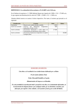 NIIF DESDE UN PUNTO DE VISTA PRÁCTICO 444
José Javier Jiménez Cano jjyjcs@hotmail.com
HIPÓTESIS 2: La cotización de las acciones a 31.12.2007 es de 13,8 u.m.
En el balance de apertura a 1.1.2008 deberán figurar por importe de 2.000 x 13,8 = 27.600 u.m.,
lo que supone una disminución de valor de 27.600 – (2.000 x 15) = -2.400 u.m.
Además deberá tenerse en cuenta el efecto impositivo. Por tanto, el asiento que procede es el
siguiente:
Clasificación Cuentas Debe Haber
Patrimonio Reserva por cambio de plan contable 1.800
Activo no corriente Activos por diferencias temporarias
deducibles (2.400 x 0,25)
600
Activo corriente Inversiones financieras a corto plazo en
instrumentos de patrimonio (nuevo plan)
27.600
Activo corriente Inversiones financieras temporales en capital
(antiguo plan)
30.000
DERECHOS DE AUTOR:
Esta obra es el resultado de un estudio técnico elaborado por su Autor
D. José Javier Jiménez Cano
Perito Mercantil-Contable en España
Administrador de Empresas en Colombia.
No está permitida la reproducción total o parcial de esta obra, ni su tratamiento informático, ni
la transmisión de ninguna forma o por cualquier medio, ya sea electrónico, mecánico, por
fotocopia, por registro u otros métodos, sin el permiso previo y por escrito del titular.
 