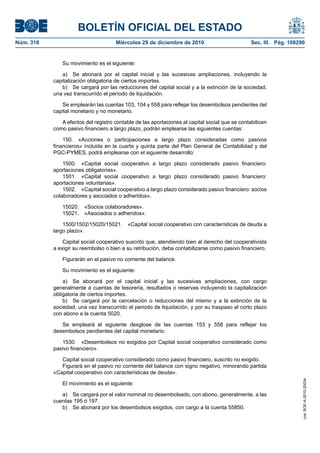 BOLETÍN OFICIAL DEL ESTADO
Núm. 316	 Miércoles 29 de diciembre de 2010	 Sec. III. Pág. 108290
Su movimiento es el siguiente:
a)  Se abonará por el capital inicial y las sucesivas ampliaciones, incluyendo la
capitalización obligatoria de ciertos importes.
b)  Se cargará por las reducciones del capital social y a la extinción de la sociedad,
una vez transcurrido el período de liquidación.
Se emplearán las cuentas 103, 104 y 558 para reflejar los desembolsos pendientes del
capital monetario y no monetario.
A efectos del registro contable de las aportaciones al capital social que se contabilicen
como pasivo financiero a largo plazo, podrán emplearse las siguientes cuentas:
150.  «Acciones o participaciones a largo plazo consideradas como pasivos
financieros» incluida en la cuarta y quinta parte del Plan General de Contabilidad y del
PGC-PYMES, podrá emplearse con el siguiente desarrollo:
1500.  «Capital social cooperativo a largo plazo considerado pasivo financiero:
aportaciones obligatorias».
1501.  «Capital social cooperativo a largo plazo considerado pasivo financiero:
aportaciones voluntarias».
1502.  «Capital social cooperativo a largo plazo considerado pasivo financiero: socios
colaboradores y asociados o adheridos».
15020.  «Socios colaboradores».
15021.  «Asociados o adheridos».
1500/1502/15020/15021.  «Capital social cooperativo con características de deuda a
largo plazo».
Capital social cooperativo suscrito que, atendiendo bien al derecho del cooperativista
a exigir su reembolso o bien a su retribución, deba contabilizarse como pasivo financiero.
Figurarán en el pasivo no corriente del balance.
Su movimiento es el siguiente:
a)  Se abonará por el capital inicial y las sucesivas ampliaciones, con cargo
generalmente a cuentas de tesorería, resultados o reservas incluyendo la capitalización
obligatoria de ciertos importes.
b)  Se cargará por la cancelación o reducciones del mismo y a la extinción de la
sociedad, una vez transcurrido el periodo de liquidación, y por su traspaso al corto plazo
con abono a la cuenta 5020.
Se empleará el siguiente desglose de las cuentas 153 y 558 para reflejar los
desembolsos pendientes del capital monetario:
1530.  «Desembolsos no exigidos por Capital social cooperativo considerado como
pasivo financiero».
Capital social cooperativo considerado como pasivo financiero, suscrito no exigido.
Figurará en el pasivo no corriente del balance con signo negativo, minorando partida
«Capital cooperativo con características de deuda».
El movimiento es el siguiente:
a)  Se cargará por el valor nominal no desembolsado, con abono, generalmente, a las
cuentas 195 ó 197.
b)  Se abonará por los desembolsos exigidos, con cargo a la cuenta 55850.
cve:BOE-A-2010-20034
 