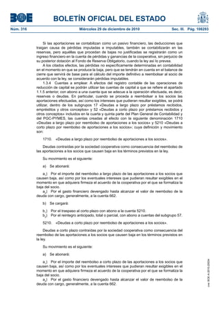 BOLETÍN OFICIAL DEL ESTADO
Núm. 316	 Miércoles 29 de diciembre de 2010	 Sec. III. Pág. 108293
Si las aportaciones se contabilizan como un pasivo financiero, las deducciones que
traigan causa de pérdidas imputadas e imputables, también se contabilizarán en las
reservas, pero aquéllas que procedan de bajas no justificadas se registrarán como un
ingreso financiero en la cuenta de pérdidas y ganancias de la cooperativa, sin perjuicio de
su posterior dotación al Fondo de Reserva Obligatorio, cuando la ley así lo prevea.
A los citados efectos, las pérdidas no específicamente determinadas en contabilidad
en el momento en que se produce la baja, pero que se tendrán en cuenta en el balance de
cierre que servirá de base para el cálculo del importe definitivo a reembolsar al socio de
acuerdo con la ley, se considerarán pérdidas imputables.
1.3.4  Cuentas a emplear. A efectos del registro contable de las operaciones de
reducción de capital se podrán utilizar las cuentas de capital a que se refiere el apartado
1.1.5 anterior, con abono a una cuenta que se adecue a la operación efectuada, es decir,
reservas o deudas. En particular, cuando se proceda a reembolsar a los socios las
aportaciones efectuadas, así como los intereses que pudieran resultar exigibles, se podrá
utilizar, dentro de los subgrupos 17 «Deudas a largo plazo por préstamos recibidos,
empréstitos y otros conceptos» y 52 «Deudas a corto plazo por préstamos recibidos y
otros conceptos» incluidos en la cuarta y quinta parte del Plan General de Contabilidad y
del PGC-PYMES, las cuentas creadas al efecto con la siguiente denominación 1710
«Deudas a largo plazo por reembolso de aportaciones a los socios» y 5210 «Deudas a
corto plazo por reembolso de aportaciones a los socios»; cuya definición y movimiento
son:
1710.  «Deudas a largo plazo por reembolso de aportaciones a los socios».
Deudas contraídas por la sociedad cooperativa como consecuencia del reembolso de
las aportaciones a los socios que causen baja en los términos previstos en la ley.
Su movimiento es el siguiente:
a)  Se abonará:
a1
)  Por el importe del reembolso a largo plazo de las aportaciones a los socios que
causen baja, así como por los eventuales intereses que pudieran resultar exigibles en el
momento en que adquiera firmeza el acuerdo de la cooperativa por el que se formaliza la
baja del socio.
a2
)  Por el gasto financiero devengado hasta alcanzar el valor de reembolso de la
deuda con cargo, generalmente, a la cuenta 662.
b)  Se cargará:
b1
)  Por el traspaso al corto plazo con abono a la cuenta 5210.
b2
)  Por el reintegro anticipado, total o parcial, con abono a cuentas del subgrupo 57.
5210.  «Deudas a corto plazo por reembolso de aportaciones a los socios».
Deudas a corto plazo contraídas por la sociedad cooperativa como consecuencia del
reembolso de las aportaciones a los socios que causen baja en los términos previstos en
la ley.
Su movimiento es el siguiente:
a)  Se abonará:
a1
)  Por el importe del reembolso a corto plazo de las aportaciones a los socios que
causen baja, así como por los eventuales intereses que pudieran resultar exigibles en el
momento en que adquiera firmeza el acuerdo de la cooperativa por el que se formaliza la
baja del socio.
a2
)  Por el gasto financiero devengado hasta alcanzar el valor de reembolso de la
deuda con cargo, generalmente, a la cuenta 662.
cve:BOE-A-2010-20034
 