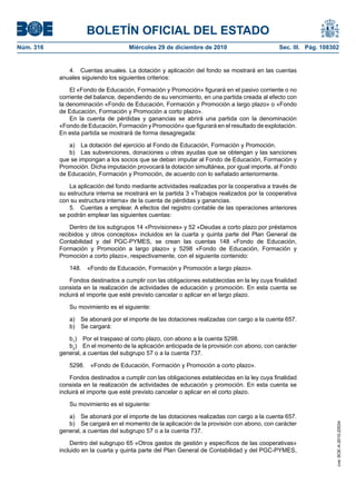 BOLETÍN OFICIAL DEL ESTADO
Núm. 316	 Miércoles 29 de diciembre de 2010	 Sec. III. Pág. 108302
4.  Cuentas anuales. La dotación y aplicación del fondo se mostrará en las cuentas
anuales siguiendo los siguientes criterios:
El «Fondo de Educación, Formación y Promoción» figurará en el pasivo corriente o no
corriente del balance, dependiendo de su vencimiento, en una partida creada al efecto con
la denominación «Fondo de Educación, Formación y Promoción a largo plazo» o «Fondo
de Educación, Formación y Promoción a corto plazo».
En la cuenta de pérdidas y ganancias se abrirá una partida con la denominación
«Fondo de Educación, Formación y Promoción» que figurará en el resultado de explotación.
En esta partida se mostrará de forma desagregada:
a)  La dotación del ejercicio al Fondo de Educación, Formación y Promoción.
b)  Las subvenciones, donaciones u otras ayudas que se obtengan y las sanciones
que se impongan a los socios que se deban imputar al Fondo de Educación, Formación y
Promoción. Dicha imputación provocará la dotación simultánea, por igual importe, al Fondo
de Educación, Formación y Promoción, de acuerdo con lo señalado anteriormente.
La aplicación del fondo mediante actividades realizadas por la cooperativa a través de
su estructura interna se mostrará en la partida 3 «Trabajos realizados por la cooperativa
con su estructura interna» de la cuenta de pérdidas y ganancias.
5.  Cuentas a emplear. A efectos del registro contable de las operaciones anteriores
se podrán emplear las siguientes cuentas:
Dentro de los subgrupos 14 «Provisiones» y 52 «Deudas a corto plazo por préstamos
recibidos y otros conceptos» incluidos en la cuarta y quinta parte del Plan General de
Contabilidad y del PGC-PYMES, se crean las cuentas 148 «Fondo de Educación,
Formación y Promoción a largo plazo» y 5298 «Fondo de Educación, Formación y
Promoción a corto plazo», respectivamente, con el siguiente contenido:
148.  «Fondo de Educación, Formación y Promoción a largo plazo».
Fondos destinados a cumplir con las obligaciones establecidas en la ley cuya finalidad
consista en la realización de actividades de educación y promoción. En esta cuenta se
incluirá el importe que esté previsto cancelar o aplicar en el largo plazo.
Su movimiento es el siguiente:
a)  Se abonará por el importe de las dotaciones realizadas con cargo a la cuenta 657.
b)  Se cargará:
b1
)  Por el traspaso al corto plazo, con abono a la cuenta 5298.
b2
)  En el momento de la aplicación anticipada de la provisión con abono, con carácter
general, a cuentas del subgrupo 57 o a la cuenta 737.
5298.  «Fondo de Educación, Formación y Promoción a corto plazo».
Fondos destinados a cumplir con las obligaciones establecidas en la ley cuya finalidad
consista en la realización de actividades de educación y promoción. En esta cuenta se
incluirá el importe que esté previsto cancelar o aplicar en el corto plazo.
Su movimiento es el siguiente:
a)  Se abonará por el importe de las dotaciones realizadas con cargo a la cuenta 657.
b)  Se cargará en el momento de la aplicación de la provisión con abono, con carácter
general, a cuentas del subgrupo 57 o a la cuenta 737.
Dentro del subgrupo 65 «Otros gastos de gestión y específicos de las cooperativas»
incluido en la cuarta y quinta parte del Plan General de Contabilidad y del PGC-PYMES,
cve:BOE-A-2010-20034
 