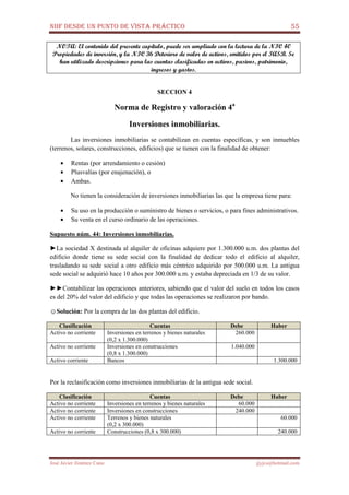 NIIF DESDE UN PUNTO DE VISTA PRÁCTICO 55
José Javier Jiménez Cano jjyjcs@hotmail.com
NOTA: El contenido del presente capítulo, puede ser ampliado con la lectura de la NIC 40
Propiedades de inversión, y la NIC 36 Deterioro de valor de activos, emitidos por el IASB. Se
han utilizado descripciones para las cuentas clasificadas en activos, pasivos, patrimonio,
ingresos y gastos.
SECCION 4
Norma de Registro y valoración 4a
Inversiones inmobiliarias.
Las inversiones inmobiliarias se contabilizan en cuentas específicas, y son inmuebles
(terrenos, solares, construcciones, edificios) que se tienen con la finalidad de obtener:
• Rentas (por arrendamiento o cesión)
• Plusvalías (por enajenación), o
• Ambas.
No tienen la consideración de inversiones inmobiliarias las que la empresa tiene para:
• Su uso en la producción o suministro de bienes o servicios, o para fines administrativos.
• Su venta en el curso ordinario de las operaciones.
Supuesto núm. 44: Inversiones inmobiliarias.
►La sociedad X destinada al alquiler de oficinas adquiere por 1.300.000 u.m. dos plantas del
edificio donde tiene su sede social con la finalidad de dedicar todo el edificio al alquiler,
trasladando su sede social a otro edificio más céntrico adquirido por 500.000 u.m. La antigua
sede social se adquirió hace 10 años por 300.000 u.m. y estaba depreciada en 1/3 de su valor.
►►Contabilizar las operaciones anteriores, sabiendo que el valor del suelo en todos los casos
es del 20% del valor del edificio y que todas las operaciones se realizaron por bando.
☺Solución: Por la compra de las dos plantas del edificio.
Clasificación Cuentas Debe Haber
Activo no corriente Inversiones en terrenos y bienes naturales
(0,2 x 1.300.000)
260.000
Activo no corriente Inversiones en construcciones
(0,8 x 1.300.000)
1.040.000
Activo corriente Bancos 1.300.000
Por la reclasificación como inversiones inmobiliarias de la antigua sede social.
Clasificación Cuentas Debe Haber
Activo no corriente Inversiones en terrenos y bienes naturales 60.000
Activo no corriente Inversiones en construcciones 240.000
Activo no corriente Terrenos y bienes naturales
(0,2 x 300.000)
60.000
Activo no corriente Construcciones (0,8 x 300.000) 240.000
 