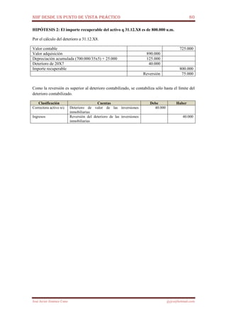 NIIF DESDE UN PUNTO DE VISTA PRÁCTICO 60
José Javier Jiménez Cano jjyjcs@hotmail.com
HIPÓTESIS 2: El importe recuperable del activo q 31.12.X8 es de 800.000 u.m.
Por el cálculo del deterioro a 31.12.X8.
Valor contable 725.000
Valor adquisición 890.000
Depreciación acumulada (700.000/35x5) + 25.000 125.000
Deterioro de 20X7 40.000
Importe recuperable 800.000
Reversión 75.000
Como la reversión es superior al deterioro contabilizado, se contabiliza sólo hasta el límite del
deterioro contabilizado.
Clasificación Cuentas Debe Haber
Correctora activo n/c Deterioro de valor de las inversiones
inmobiliarias
40.000
Ingresos Reversión del deterioro de las inversiones
inmobiliarias
40.000
 