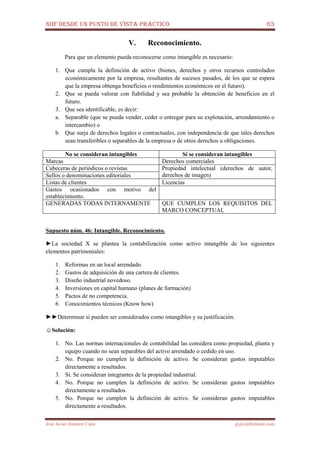 NIIF DESDE UN PUNTO DE VISTA PRÁCTICO 63
José Javier Jiménez Cano jjyjcs@hotmail.com
V. Reconocimiento.
Para que un elemento pueda reconocerse como intangible es necesario:
1. Que cumpla la definición de activo (bienes, derechos y otros recursos controlados
económicamente por la empresa, resultantes de sucesos pasados, de los que se espera
que la empresa obtenga beneficios o rendimientos económicos en el futuro).
2. Que se pueda valorar con fiabilidad y sea probable la obtención de beneficios en el
futuro.
3. Que sea identificable, es decir:
a. Separable (que se pueda vender, ceder o entregar para su explotación, arrendamiento o
intercambio) o
b. Que surja de derechos legales o contractuales, con independencia de que tales derechos
sean transferibles o separables de la empresa o de otros derechos u obligaciones.
No se consideran intangibles Sí se consideran intangibles
Marcas Derechos comerciales
Cabeceras de periódicos o revistas Propiedad intelectual (derechos de autor,
derechos de imagen)Sellos o denominaciones editoriales
Listas de clientes Licencias
Gastos ocasionados con motivo del
establecimiento.
GENERADAS TODAS INTERNAMENTE QUE CUMPLEN LOS REQUISITOS DEL
MARCO CONCEPTUAL
Supuesto núm. 46: Intangible. Reconocimiento.
►La sociedad X se plantea la contabilización como activo intangible de los siguientes
elementos patrimoniales:
1. Reformas en un local arrendado.
2. Gastos de adquisición de una cartera de clientes.
3. Diseño industrial novedoso.
4. Inversiones en capital humano (planes de formación)
5. Pactos de no competencia.
6. Conocimientos técnicos (Know how)
►►Determinar si pueden ser considerados como intangibles y su justificación.
☺Solución:
1. No. Las normas internacionales de contabilidad las considera como propiedad, planta y
equipo cuando no sean separables del activo arrendado o cedido en uso.
2. No. Porque no cumplen la definición de activo. Se consideran gastos imputables
directamente a resultados.
3. Si. Se consideran integrantes de la propiedad industrial.
4. No. Porque no cumplen la definición de activo. Se consideran gastos imputables
directamente a resultados.
5. No. Porque no cumplen la definición de activo. Se consideran gastos imputables
directamente a resultados.
 
