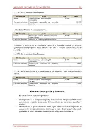 NIIF DESDE UN PUNTO DE VISTA PRÁCTICO 65
José Javier Jiménez Cano jjyjcs@hotmail.com
31.12.X2: Por la amortización de la patente.
Clasificación Cuentas Debe Haber
Gastos Amortización del activo intangible
(200.000/8)
25.000
Correctora activo n/c Amortización acumulada de propiedad
industrial
25.000
1.1.X3: Por el deterioro de la marca comercial.
Clasificación Cuentas Debe Haber
Gastos Pérdidas por deterioro del activo intangible
(0,4 x 100.000)
40.000
Correctora activo n/c Deterioro de valor de propiedad industrial 40.000
En cuanto a la amortización, se considera un cambio en la estimación contable, por lo que el
ajuste tiene carácter prospectivo (hacia el futuro) y por tanto se comienza a amortizar a partir de
31.12.X2.
31.12.X3: Por la amortización de la patente:
Clasificación Cuentas Debe Haber
Gastos Amortización del activo intangible
(200.000/8)
25.000
Correctora activo n/c Amortización acumulada de propiedad
industrial
25.000
31.12.X3: Por la amortización de la marca comercial que ha pasado a tener vida útil limitada o
definida.
Clasificación Cuentas Debe Haber
Gastos Amortización del activo intangible
(60.000/4)
15.000
Correctora activo n/c Amortización acumulada de propiedad
industrial
15.000
Gastos de investigación y desarrollo.
Se contabilizan en cuentas independientes:
- Investigación.- Es la indagación original y planificada que persigue descubrir nuevos
conocimiento y superior comprensión de los existentes en los terrenos científico y
técnico.
- Desarrollo.- Es la aplicación concreta de los logros obtenidos de la investigación o de
cualquier otro tipo de conocimiento científico, a un plan o diseño en particular para la
producción de bienes o servicios, hasta que se inicia la producción comercial.
 