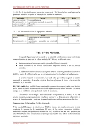 NIIF DESDE UN PUNTO DE VISTA PRÁCTICO 75
José Javier Jiménez Cano jjyjcs@hotmail.com
1.1.X6: Por la inscripción como patente del proyecto de I+D. No se incluye en el valor de la
propiedad industrial los gastos de investigación, sólo los de desarrollo.
Clasificación Cuentas Debe Haber
Activo no corriente Propiedad Industrial 20.000
Correctora activo n/c Amortización acumulada de desarrollo 6.250
Activo no corriente Desarrollo 25.000
Activo corriente Bancos 1.250
31.12.X6: Por la amortización de la propiedad industrial.
Clasificación Cuentas Debe Haber
Gastos Amortización del activo intangible
(20.000/5)
4.000
Correctora activo n/c Amortización acumulada de propiedad
industrial
4.000
VIII. Crédito Mercantil.
Sólo puede figurar en el activo cuando se ha adquirido a título oneroso en el contexto de
una combinación de negocios. Se valora, según la NRV 19a
, por la diferencia entre:
• Valor razonable de la contraprestación entregada (el importe pagado), y
• Valor razonable de los activos identificables adquiridos menos el de los pasivos
asumidos.
El crédito mercantil así calculado se asignará entre las unidades generadoras de efectivo
(UGE) o grupos de UGE, sobre las que se espere que recaigan los beneficios de la adquisición.
El crédito mercantil no se amortiza. Las UGE a las que se haya asignado el crédito
mercantil se someterán a la prueba o test de deterioro, al menos al cierre, y la corrección
valorativa no es reversible.
IMPORTANTE: Esta prohibición de amortización contable tiene una excepción en el ámbito
fiscal, donde se admite la deducibilidad fiscal de la depreciación del crédito mercantil (5% anual
aunque no se contabilice como gasto en la cuenta de resultados).
La normativa fiscal obliga a dotar una reserva indisponible de, al menos, el 5% del
crédito mercantil, siempre que existan beneficios. La reserva se dota con cargo a beneficios o
reserva de libre disposición y hasta que alcance el crédito mercantil que aparezca en el activo.
Supuesto núm. 50: Intangible. Crédito Mercantil.
►La sociedad H adquiere a principios de 20X2 un negocio en marcha consistente en una
academia de preparación de oposiciones. El valor de los activos adquiridos (edificios,
mobiliario, equipos para proceso de información, etc.) asciende a 400.000 u.m., pagando por
ellos 480.000 u.m. como consecuencia del prestigio que el centro tiene debido al alto número de
opositores aprobados.
 