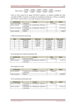 NIIF DESDE UN PUNTO DE VISTA PRÁCTICO 95
José Javier Jiménez Cano jjyjcs@hotmail.com
Valor	actual =
15.000
(1,05)
+
15.000
(1,05)ଶ
+
15.000
(1,05)ଷ
+
15.000
(1,05)ସ
+
2.000
(1,05)ସ
= 54.834,67
Como el valor actual de los pagos (54.834,67) equivale a la práctica totalidad del valor
razonable (57.000), el contrato se considera un arrendamiento financiero y el bien se contabiliza
por 54.834,67, más los 500 u.m. de costes de puesta en funcionamiento:
Clasificación Cuentas Debe Haber
Activo no corriente Maquinaria 55.334,66
Pasivo corriente Acreedores por arrendamiento financiero a
corto plazo
12.258,26
Pasivo no corriente Acreedores por arrendamiento financiero a
largo plazo
42.576,40
Activo corriente Bancos 500,00
Cuadro de amortización del leasing.
Años Capital pendiente Intereses Amortización Pago anual
1 54.834,66 2.741,73 12.258,27 15.000,00
2 42.576,40 2.128,82 12.871,18 15.000,00
3 29.705,22 1.485,26 13.514,74 15.000,00
4 16.190,48 809,52 14.190,48 15.000,00
5 2.000,00 2.000,00 2.000,00
54,834,66
Por el devengo de los intereses del primer año:
Clasificación Cuentas Debe Haber
Gastos Intereses de deudas 2.741,73
Pasivo corriente Acreedores por arrendamiento financiero a
corto plazo
2.741,73
Por el pago de la cuota:
Clasificación Cuentas Debe Haber
Pasivo corriente Acreedores por arrendamiento financiero a
corto plazo
15.000,00
Activo corriente Bancos 15.000,00
Por la reclasificación del primer año:
Clasificación Cuentas Debe Haber
Pasivo no corriente Acreedores por arrendamiento financiero a
largo plazo
12.871,18
Pasivo corriente Acreedores por arrendamiento financiero a
corto plazo
12.871,18
 