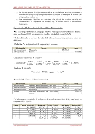 NIIF DESDE UN PUNTO DE VISTA PRÁCTICO 97
José Javier Jiménez Cano jjyjcs@hotmail.com
3. La diferencia entre el crédito contabilizado y la cantidad total a cobrar corresponda a
intereses no devengados y se imputará a resultados según se devenguen de acuerdo con
el tipo de interés efectivo.
4. Las correcciones valorativas por deterioro y la baja de los créditos derivados del
arrendamiento se registrarán de acuerdo con la norma relativa a instrumentos
financieros.
Supuesto núm. 59: Arrendamiento. Contabilidad del arrendador.
►Se adquiere por 140.000 u.m. un equipo industrial para su posterior arrendamiento durante 5
años, percibiendo 35.000 u.m. anuales pos pagables. Interés de la operación 7,5%.
►►Contabilizar las operaciones derivadas de la información anterior y relativas al primer año
del contrato.
☺Solución: Por la adquisición de la maquinaria por su precio.
Clasificación Cuentas Debe Haber
Activo no corriente Maquinaria 140.000,00
Activo corriente Bancos 140.000,00
Calculamos el valor actual de los cobros:
Valor	actual =
35.000
(1,075)
+
35.000
(1,075)ଶ
+
35.000
(1,075)ଷ
+
35.000
(1,075)ସ
+
35.000
(1,075)ହ
= 141.605,97
Otra forma de calcularlo:
Valor actual = 35.000 x a5┐0,075 = 141.605,97
Por la contabilización del crédito su valor actual.
Clasificación Cuentas Debe Haber
Activo corriente Deudores por arrendamiento a corto plazo 24.379,55
Activo no corriente Deudores por arrendamiento a largo plazo 117.226,42
Activo no corriente Maquinaria 140.000,00
Ingresos Beneficios procedentes del inmovilizado
material
1.605,97
Por la imputación a resultados de los intereses de acuerdo con un criterio de devengo basado en
el tipo de interés efectivo.
Años Capital pendiente Intereses Amortización Pago anual Deuda viva
1 141.605,97 10,620,45 24.379,55 35.000.00 117.226,42
2 117.226,42 8.791,98 26.208,02 35.000,00 91.018,40
3 91.018,40 6.826,38 28.173,62 35.000,00 62.844,78
4 62.844,78 4.713,36 30.286,64 35.000,00 32.558,14
5 32.558,14 2.441,86 32.558,14 35.000,00 0,00
33.394,03 141.605,97 175.000,00
 