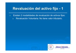 Revaluación del activo fijo - 1
Existen 2 modalidades de revaluación de activos fijos:
Revaluación Voluntaria: No tiene valor tributario.
 