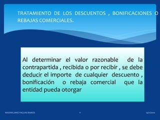 TRATAMIENTO DE LOS DESCUENTOS , BONIFICACIONES O
REBAJAS COMERCIALES.
Al determinar el valor razonable de la
contrapartida , recibida o por recibir , se debe
deducir el importe de cualquier descuento ,
bonificación o rebaja comercial que la
entidad pueda otorgar
24/11/2010MAXIMILIANOYAGUAS RAMOS 11
 