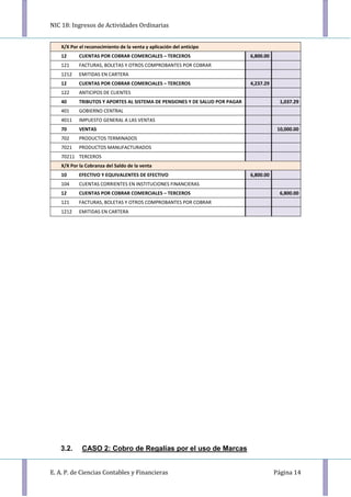 NIC 18: Ingresos de Actividades Ordinarias
E. A. P. de Ciencias Contables y Financieras Página 14
X/X Por el reconocimiento de la venta y aplicación del anticipo
12 CUENTAS POR COBRAR COMERCIALES – TERCEROS 6,800.00
121 FACTURAS, BOLETAS Y OTROS COMPROBANTES POR COBRAR
1212 EMITIDAS EN CARTERA
12 CUENTAS POR COBRAR COMERCIALES – TERCEROS 4,237.29
122 ANTICIPOS DE CLIENTES
40 TRIBUTOS Y APORTES AL SISTEMA DE PENSIONES Y DE SALUD POR PAGAR 1,037.29
401 GOBIERNO CENTRAL
4011 IMPUESTO GENERAL A LAS VENTAS
70 VENTAS 10,000.00
702 PRODUCTOS TERMINADOS
7021 PRODUCTOS MANUFACTURADOS
70211 TERCEROS
X/X Por la Cobranza del Saldo de la venta
10 EFECTIVO Y EQUIVALENTES DE EFECTIVO 6,800.00
104 CUENTAS CORRIENTES EN INSTITUCIONES FINANCIERAS
12 CUENTAS POR COBRAR COMERCIALES – TERCEROS 6,800.00
121 FACTURAS, BOLETAS Y OTROS COMPROBANTES POR COBRAR
1212 EMITIDAS EN CARTERA
3.2. CASO 2: Cobro de Regalías por el uso de Marcas
 